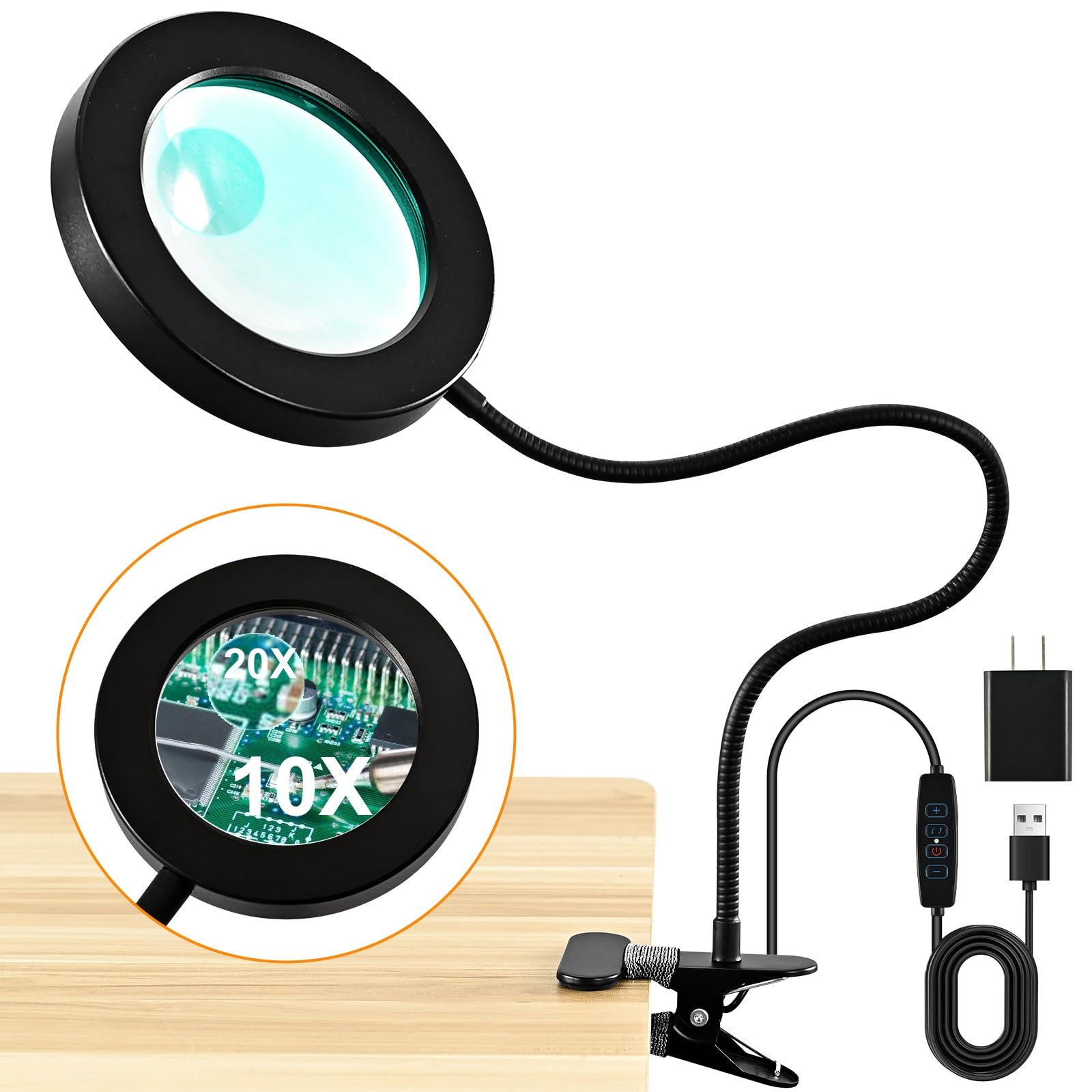 20X/10X Dual-Lens Magnifying Glass with Light and Timer  Combination Lens Magnifier with Light  3 Color Modes  2 in 1 Magnifying Desk Lamp for Craft Hobby Discomfortting Sewing Close Work
