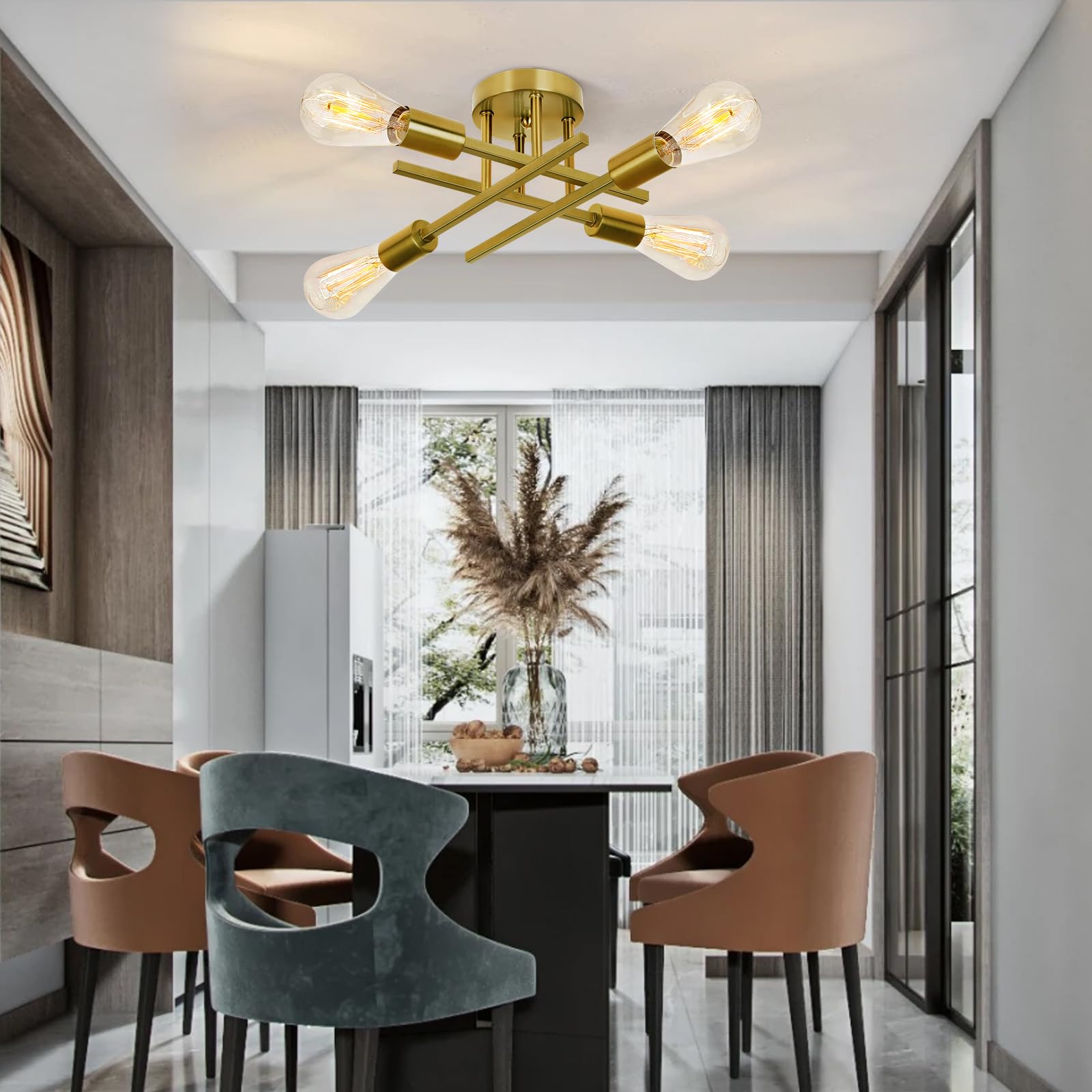 Ceiling Light  Dining Room Light Fixture With E26 Base  Semi Flush Mount Ceiling Light Fixture  Kitchen Lighting Fixtures Ceiling  4-Light Matte Gold Chandelier For Bedroom