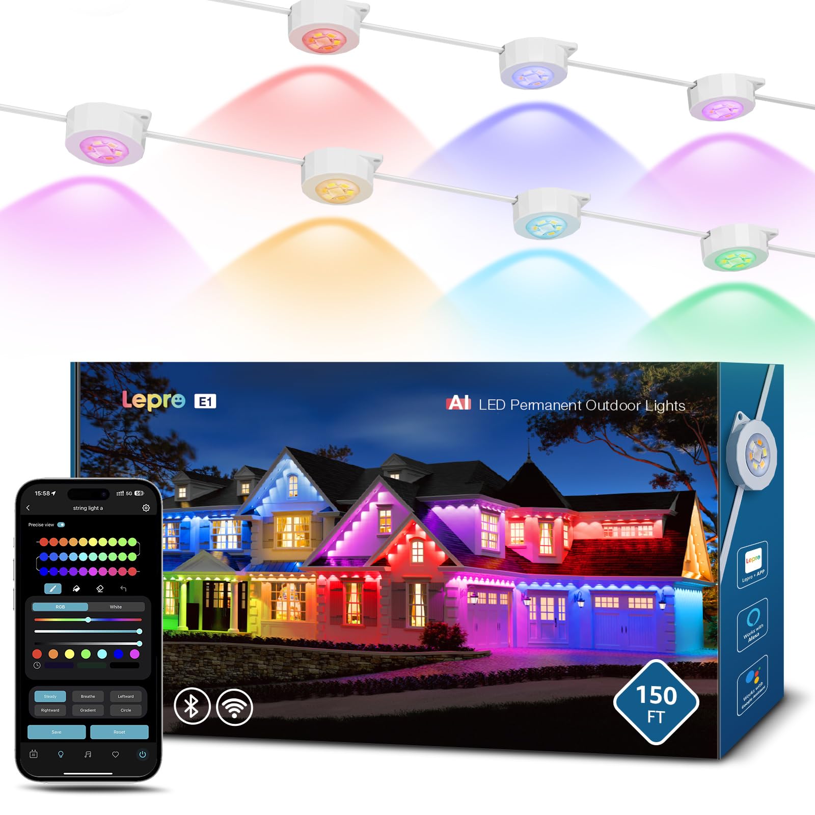 Lepro E1 AI Permanent Outdoor Lights APP Control, 150ft Smart RGB+IC Christmas House Lights with 90 Warm/Cool White LED Pucks, A