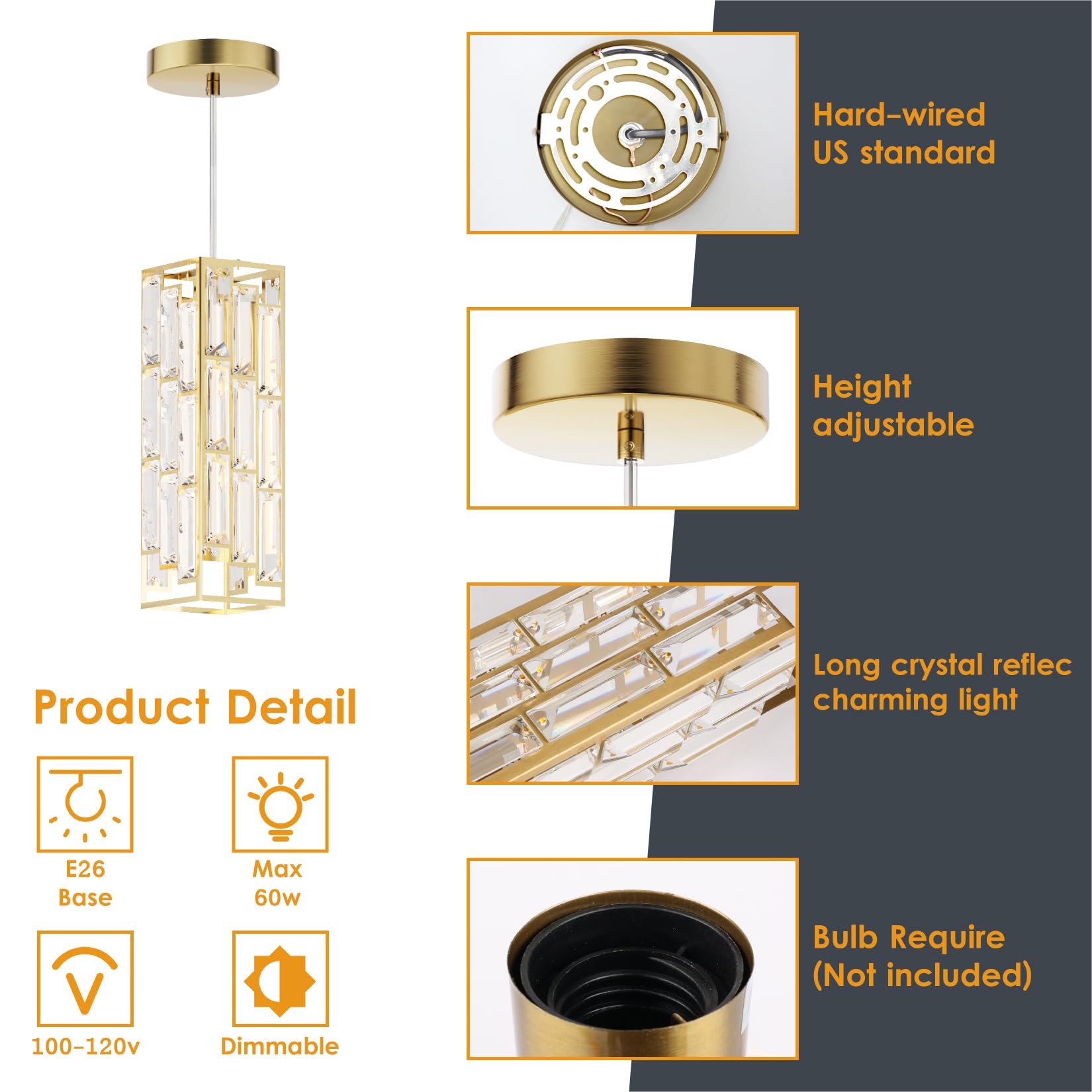 Aoceley Brass Pendant Lights Modern Pendant Light Fixture, Mini Crystal Pendant Ceiling Light, Pendant Light For Kitchen Island,