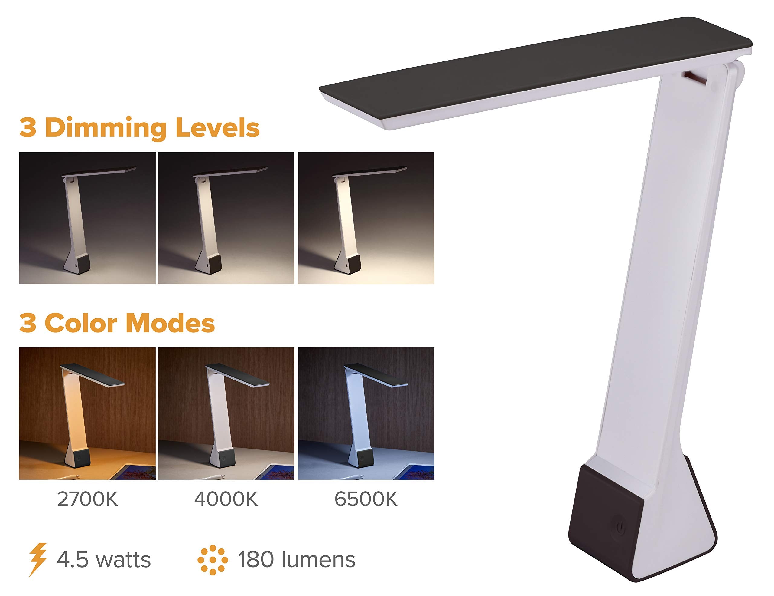 Bostitch LED Desk Lamp KT-VLED1810-BLK, Rechargeable, 3 Color Temperatures, Black Plastic