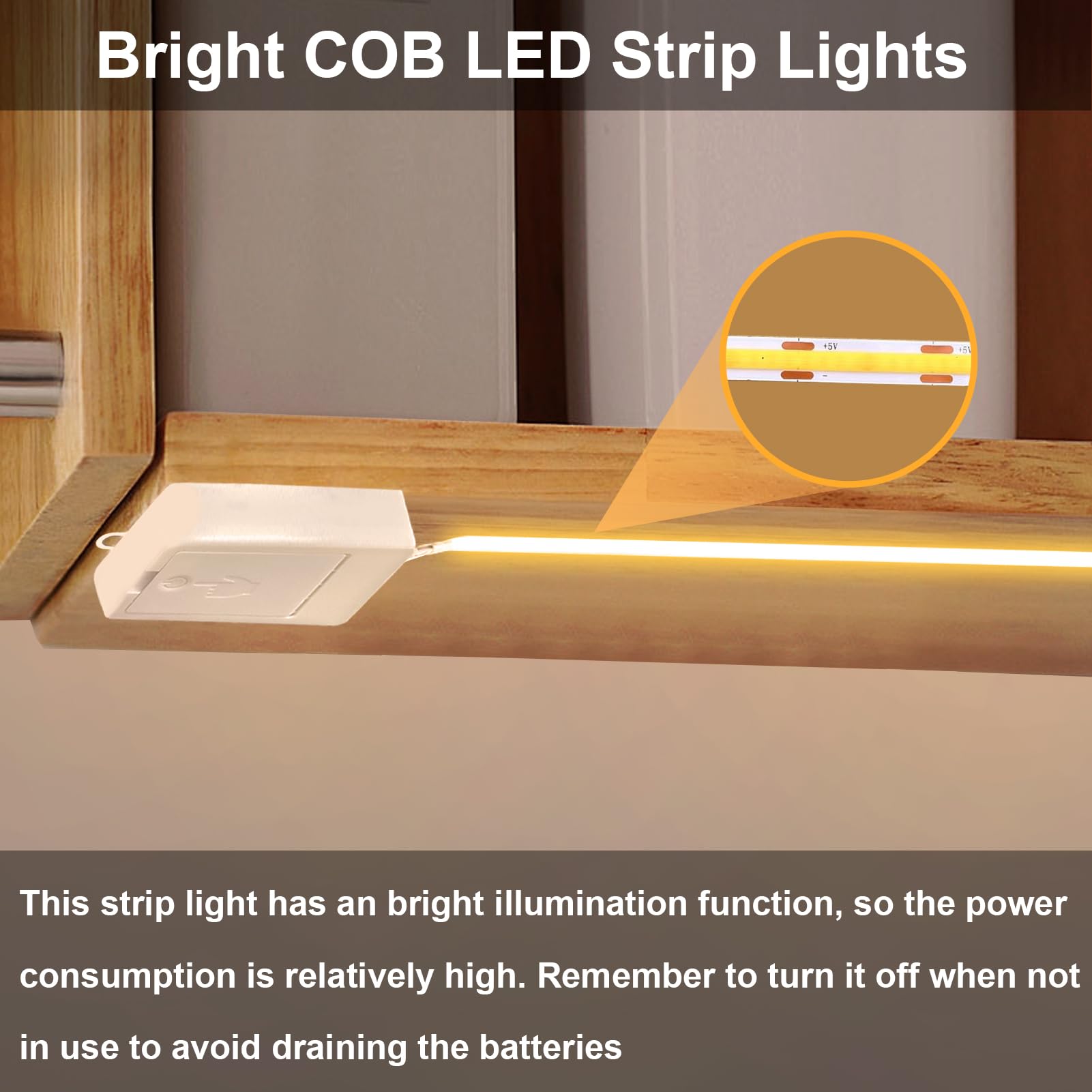 BSGlobal 2 Pack COB LED Strip Light, 6.6Ft, 640 LEDs, Battery Operated, Warm White, Model S05-BSGX-US-2P-2M-