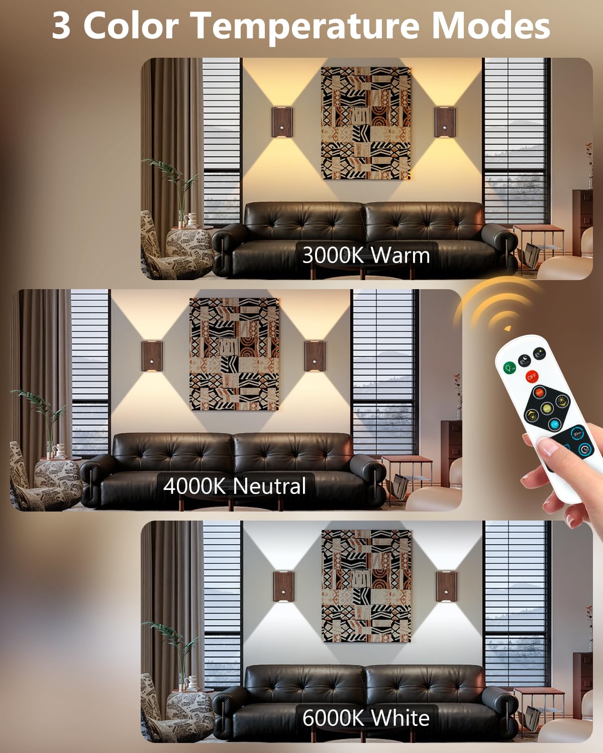 WERFOP Rechargeable Motion Sensor Wall Sconce Set of 2 - 5000mAh Wireless Light, Walnut, Indoor Use, Remote Control, Model WF-WALL-Wu