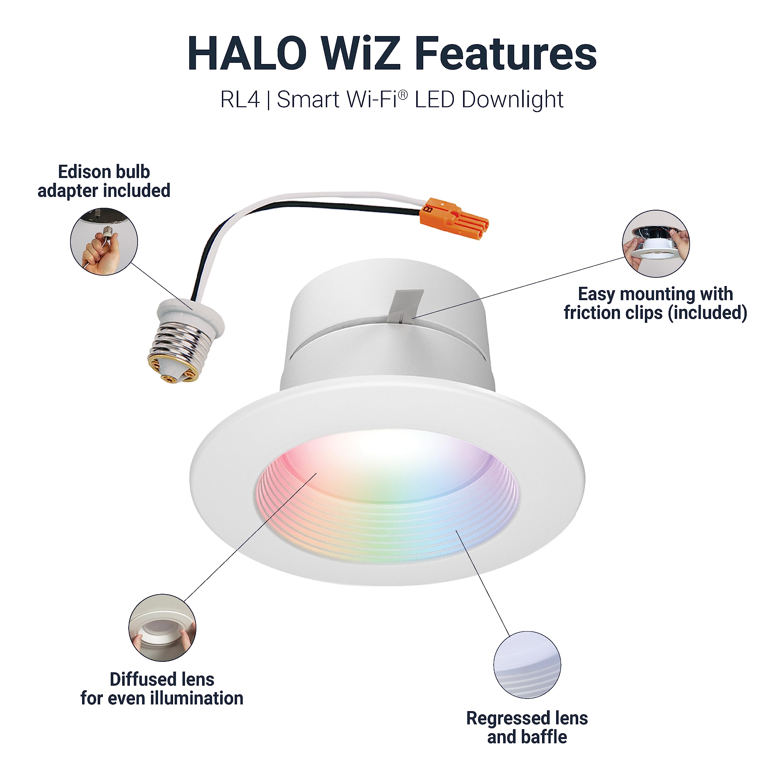 Halo 4 Inch Color And Tunable White Recessed Led Can Light -Smart Wi-Fi Wiz Pro Ceiling & Shower Retrofit Downlight 65W Equivale