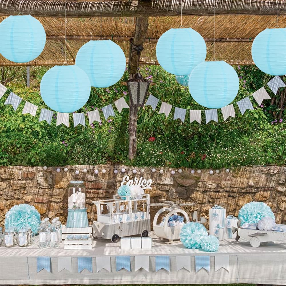 Beishida 12-Inch Light Blue Round Paper Lanterns Decorative Hanging Asia Chinese Japanese Paper Lanterns Lamp For Birthday Weddi