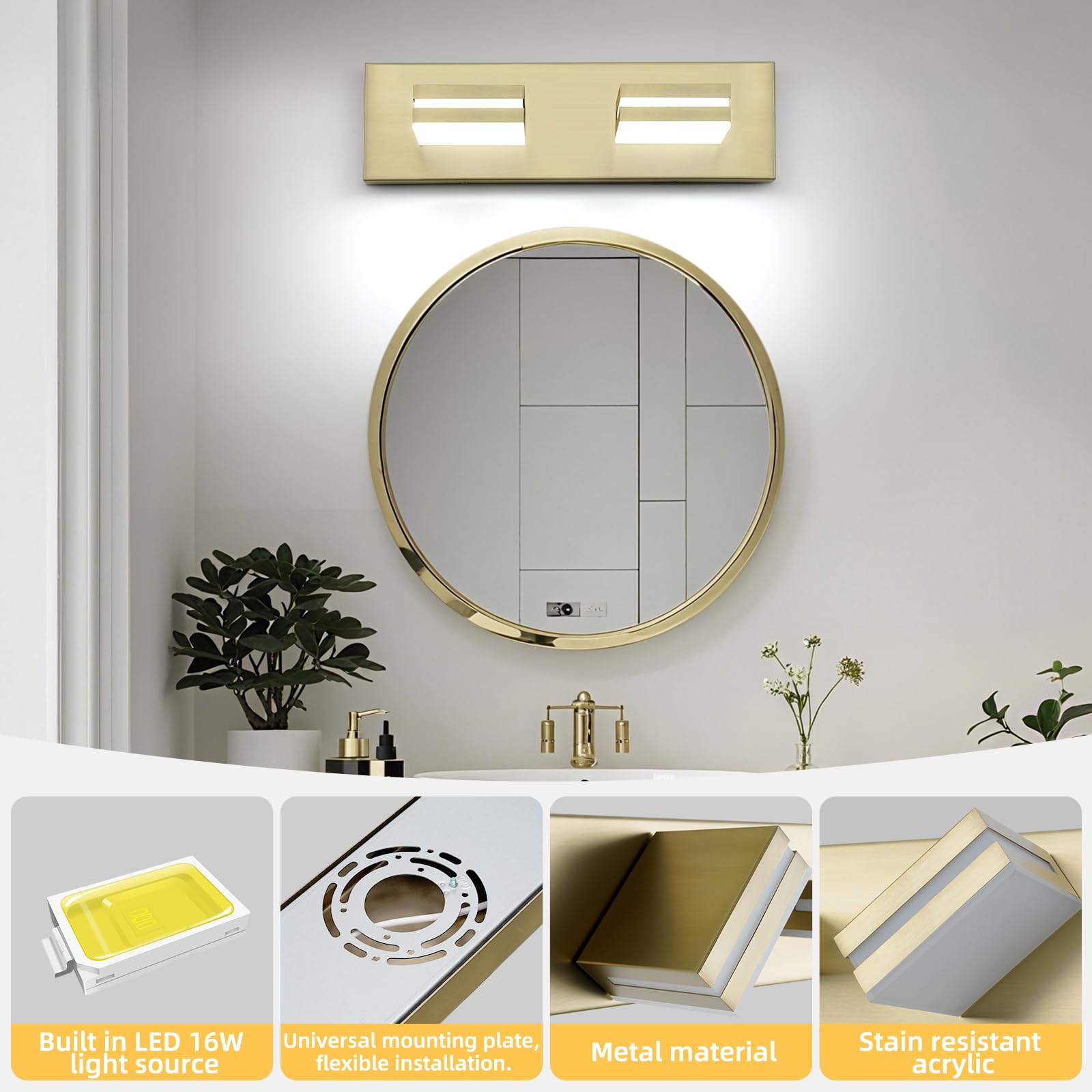 OKELI 2-Light Bathroom Vanity Light Fixtures, Gold Dimmable, 15.5 Inch, Aluminum, Model OK-9553-2T-GL, Modern Wall Mounted, 600