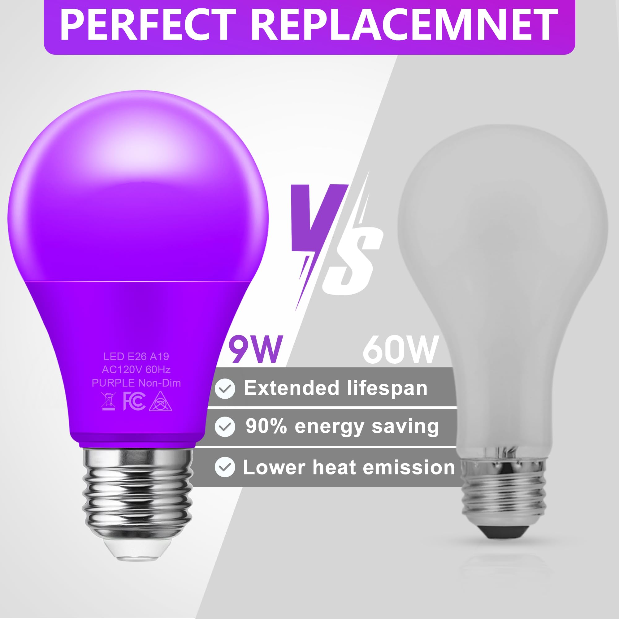 Briignite Purple Light Bulbs [2 Pack], A19 Led Purple Bulb Outdoor, Halloween Light Bulbs, 9W (60 Watt Equivalent) - E26 Porch L