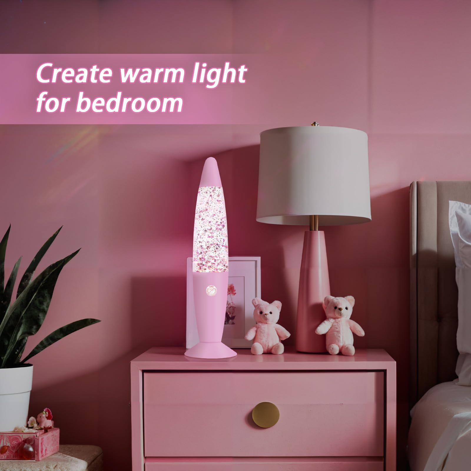 Vanful Glitter Lamp - 13in Pink Aluminum Night Light with Hexagonal and Pentagonal Sparkles for Kids and mature-themeds