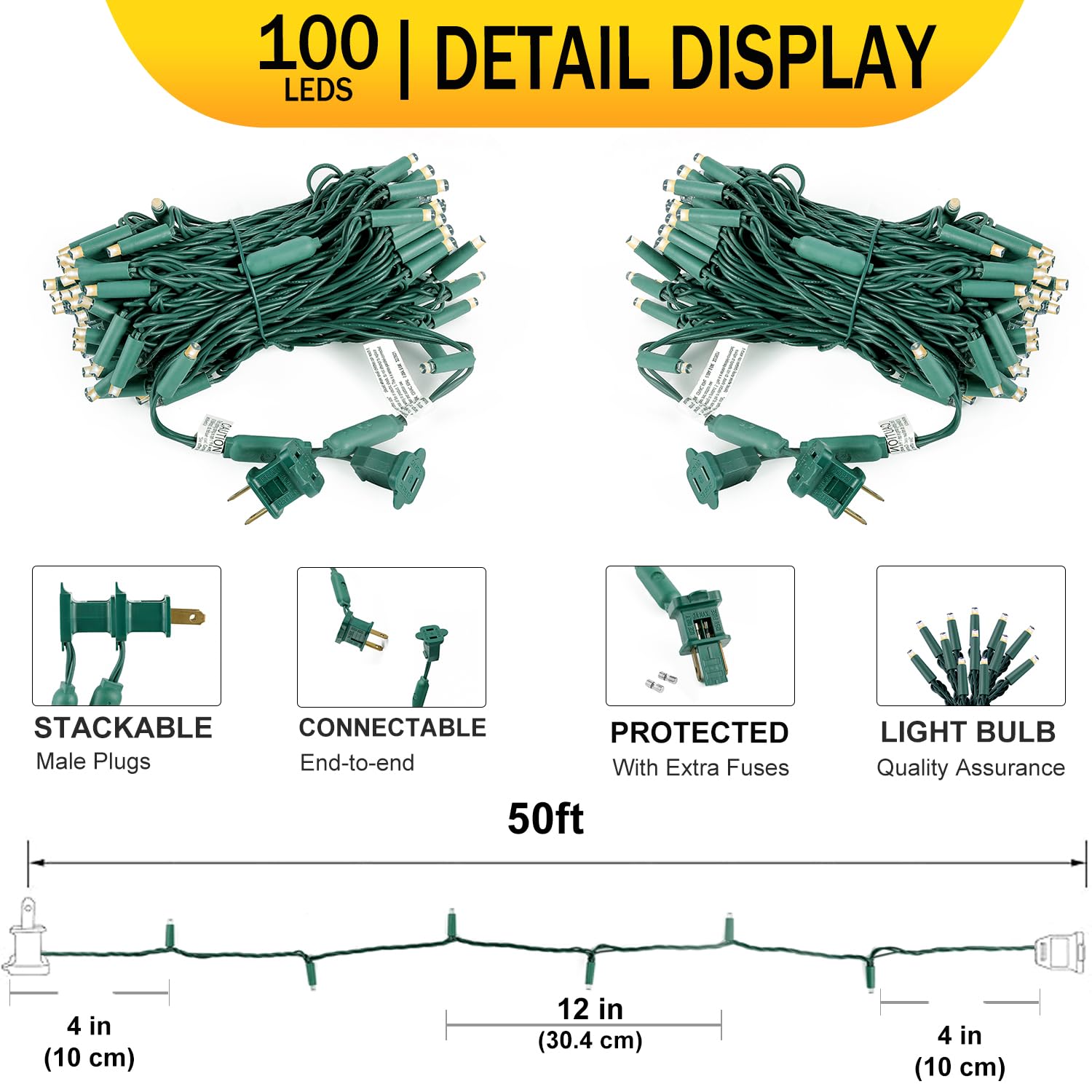 Broulove Christmas Lights 100 Count, 50 Ft Christmas Lights Outdoor Indoor, Commercial Grade, Heavy Duty Green Wire, Warm White Light, 6 Inches Spacing