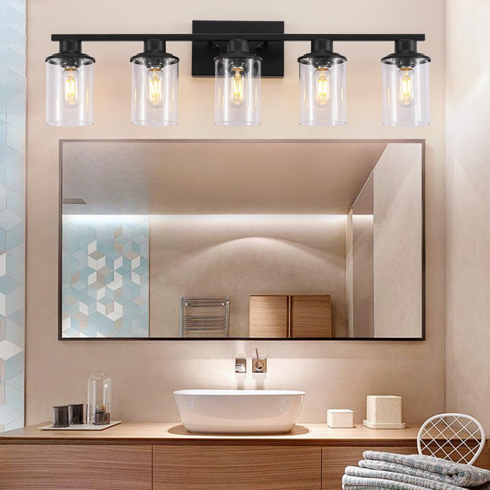 LOUSACE 5 Light Bathroom Vanity Light, Matte Black Metal Fixture with Clear Glass Shade, Model 21-5-BL
