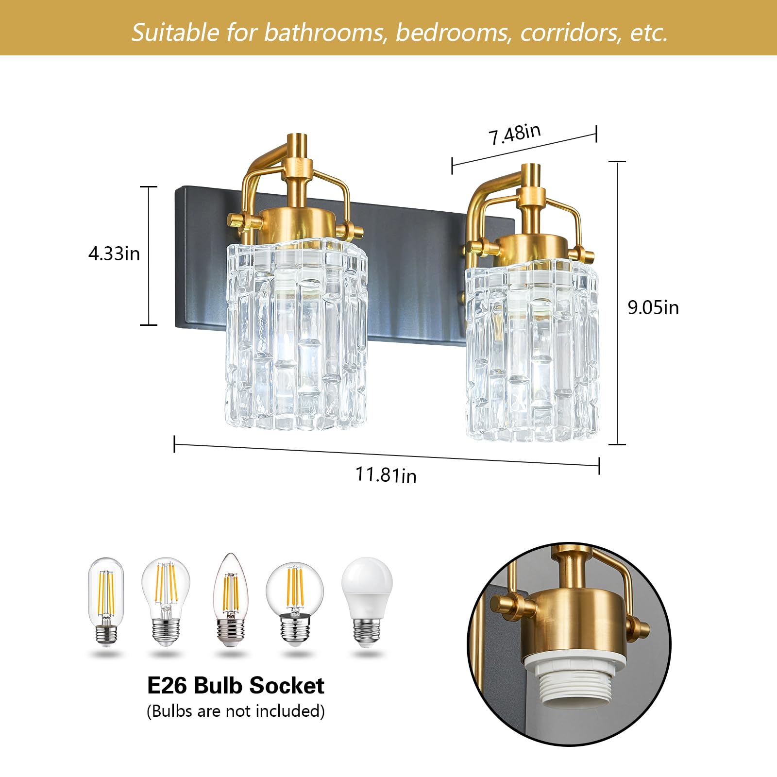 BNHHLZ Modern 2-Light Vanity Light - Black Gold Metal Fixtures, Model 4132, Crystal Glass Shade for Bathroom Over Mirror