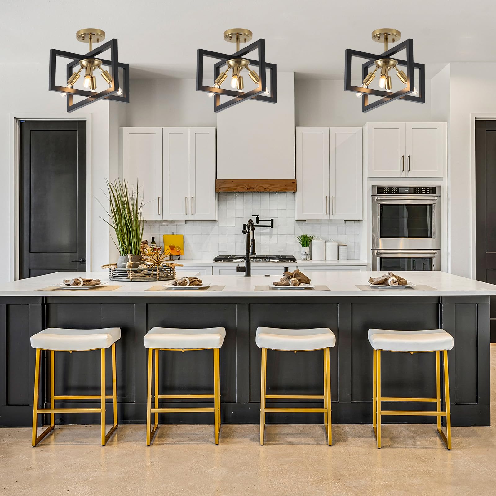 Minyuco Semi-Flush Mount Ceiling Light - Modern Industrial Light Fixture Black And Gold,4-Light Candelabra Lighting Ceiling Lamp For Kitchen Foyer Entryway Hallway Bedroom Closet