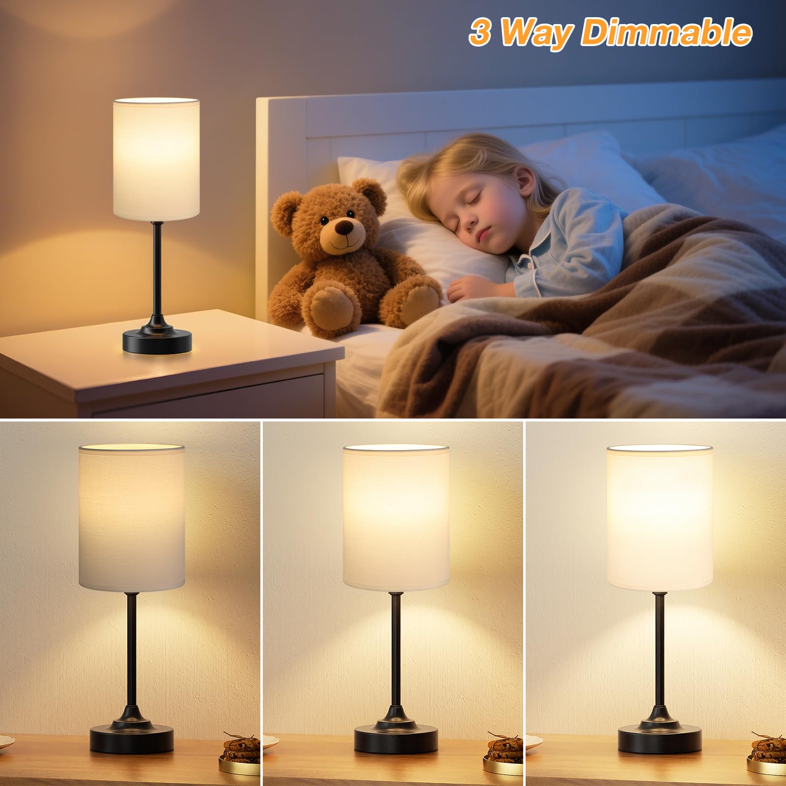 Dicoool Touch Bedside Table Lamp - 3 Way Dimmable, 14.6in, Metal and Fabric, White Shade - Black Base, Model 15-22