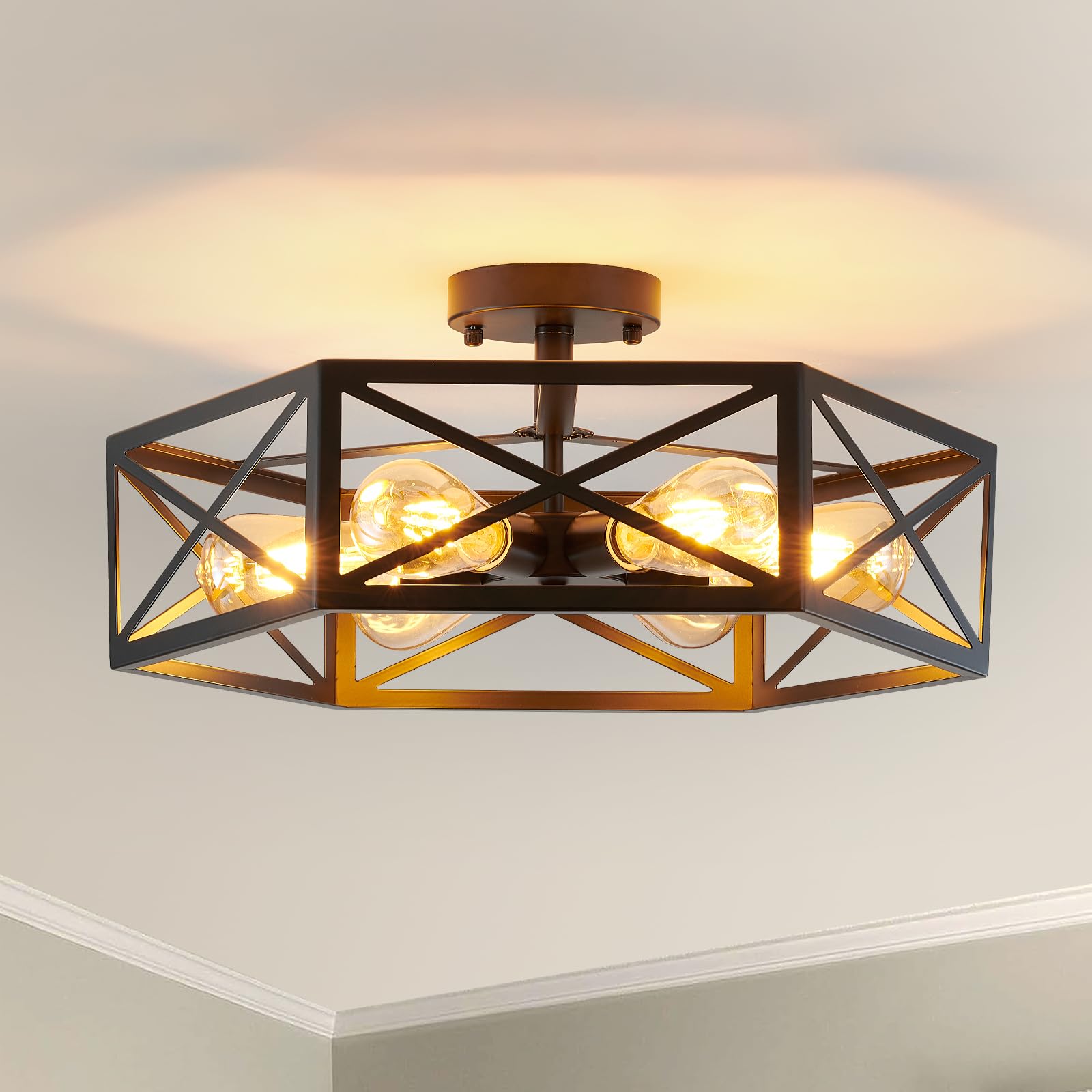Xsdetu Industrial Semi Flush Mount Ceiling Light, 6 Light Modern Metal Close To Ceiling Light Fixture, Farmhouse Light Fixtures Ceiling Mount, Black Chandelier For Kitchen, Dining Room, Hallway