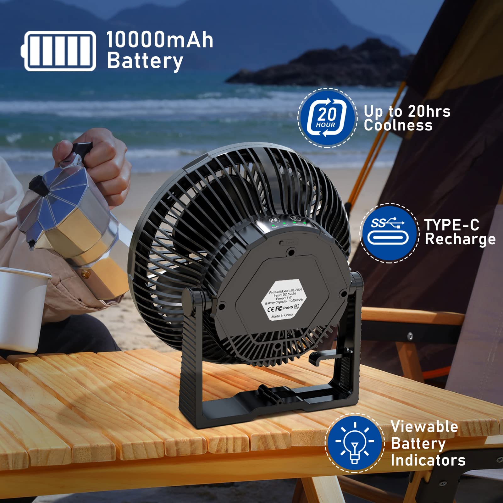 MORECORE Camping Fan with LED Lantern - 10000mAh Rechargeable 8" Tent Fan, Lightweight, with Hanging Hook for Outdoor Use