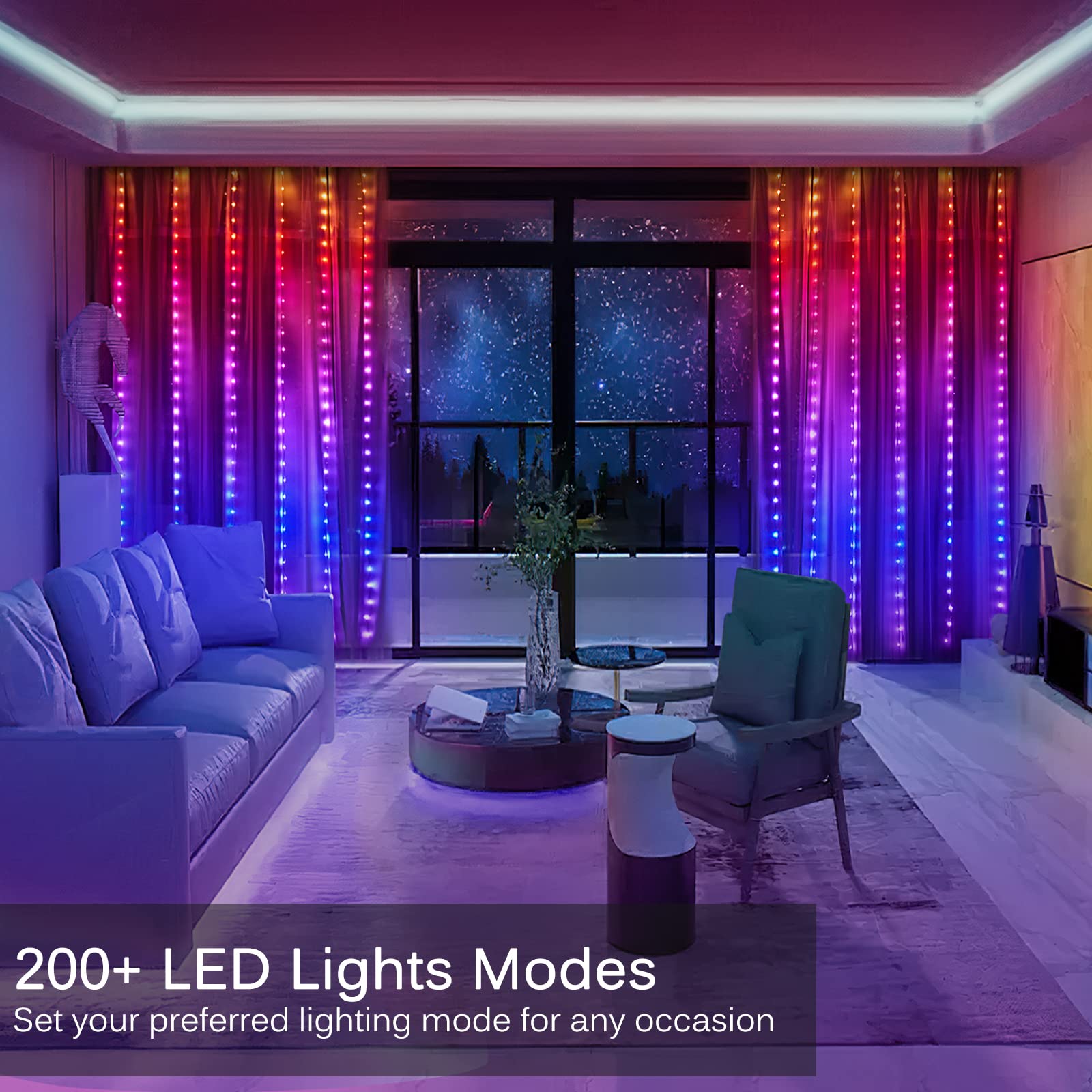 Kepstars Led Curtain Lights, 8Ft X 6Ft 144 Led Rgb Color Changing String Fairy Lights Curtain With Smart App Control, Music &Voice Sync For Bedroom Backdrop Wall Indoor Outdoor Christmas Decorations