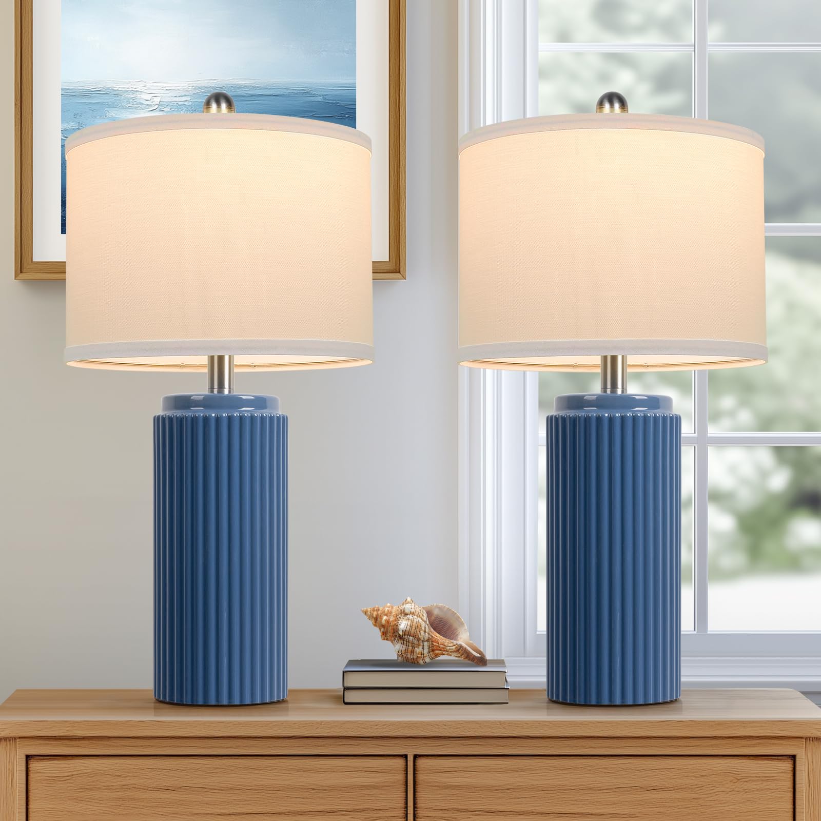 TOBUSA 23.5 Blue Table Lamps for Bedroom Set of 2, Modern Farmhouse Ceramic Bedside Nightstand Lamps for Living Room, Decorative