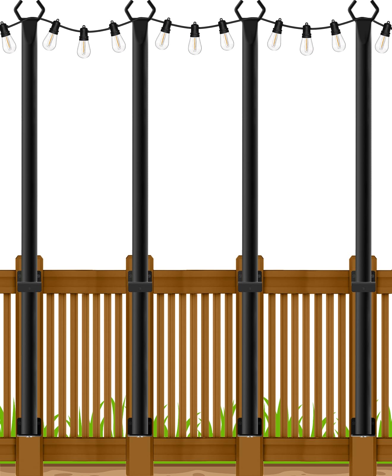 Beizelte 5Ft String Light Poles, Metal Outdoor Lighting Stands for Patio and Backyard, Black, Model SLP-Beizelte, 4 Pack