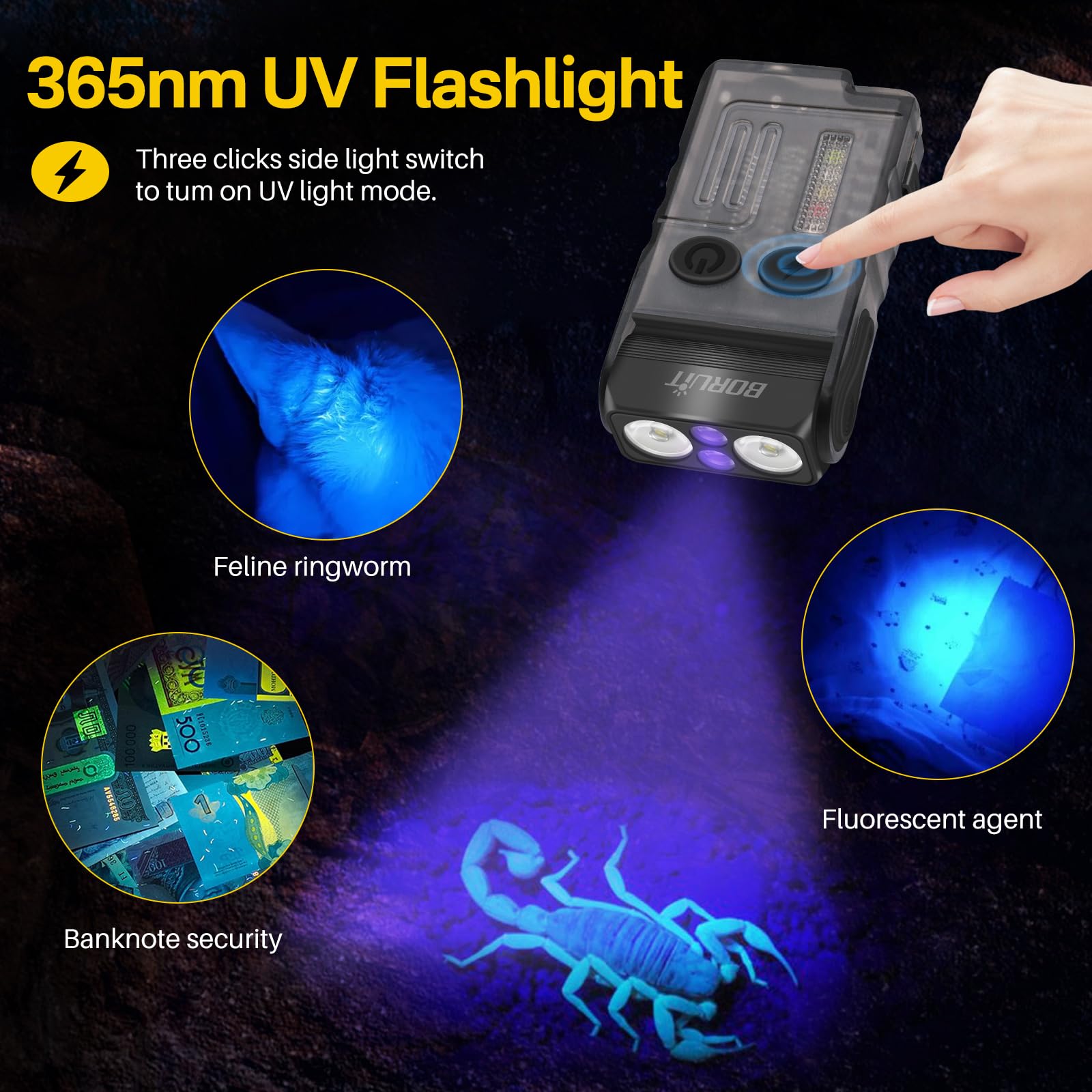 BORUiT V20 EDC Flashlight - 1000 LM, USB C Rechargeable, 365nm UV Light, Black, Aluminum, 13 Modes, IP67, Compact Keychain Design