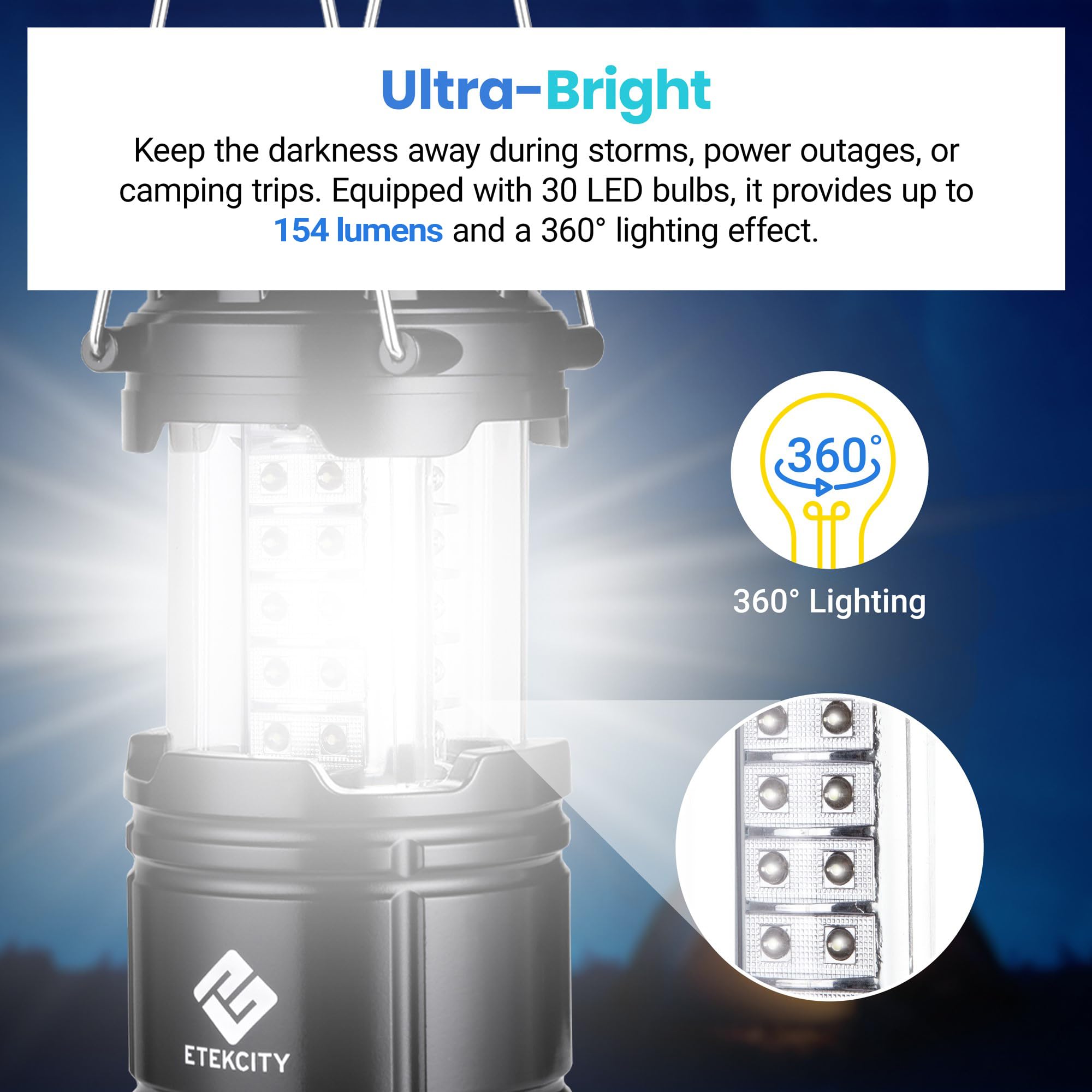 Etekcity Camping Lantern - LED Flashlight for Power Outages, 2 Pack, Black, ABS Material, Ideal for Emergencies and Hurricane Preparedness