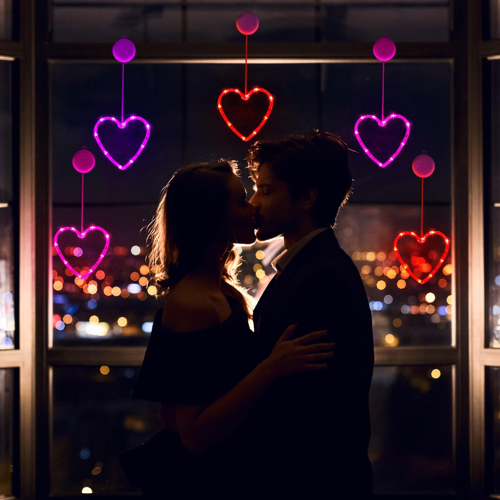 Baquler 5 Pcs Heart LED Lights for Valentines Day, Battery Operated, Suction Cup, Red/Pink/Purple, Heart Size