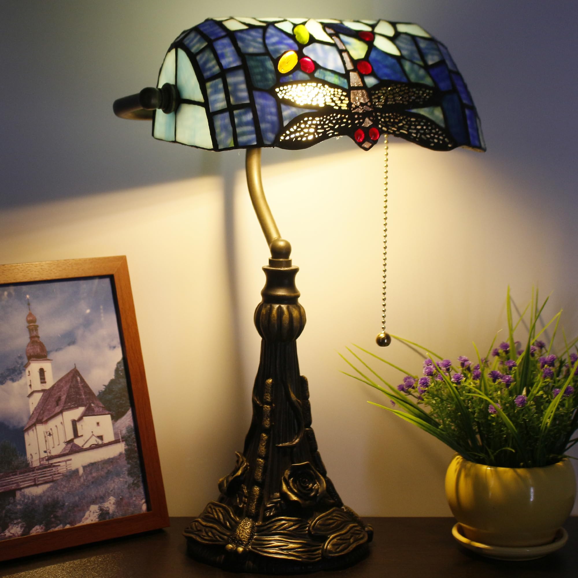 Tiffany Banker Lamp Small Stained Glass Table Lamp Tiffany Style Piano Light Navy Blue Dragonfly Style Desk Lamp Angle Adjustabl