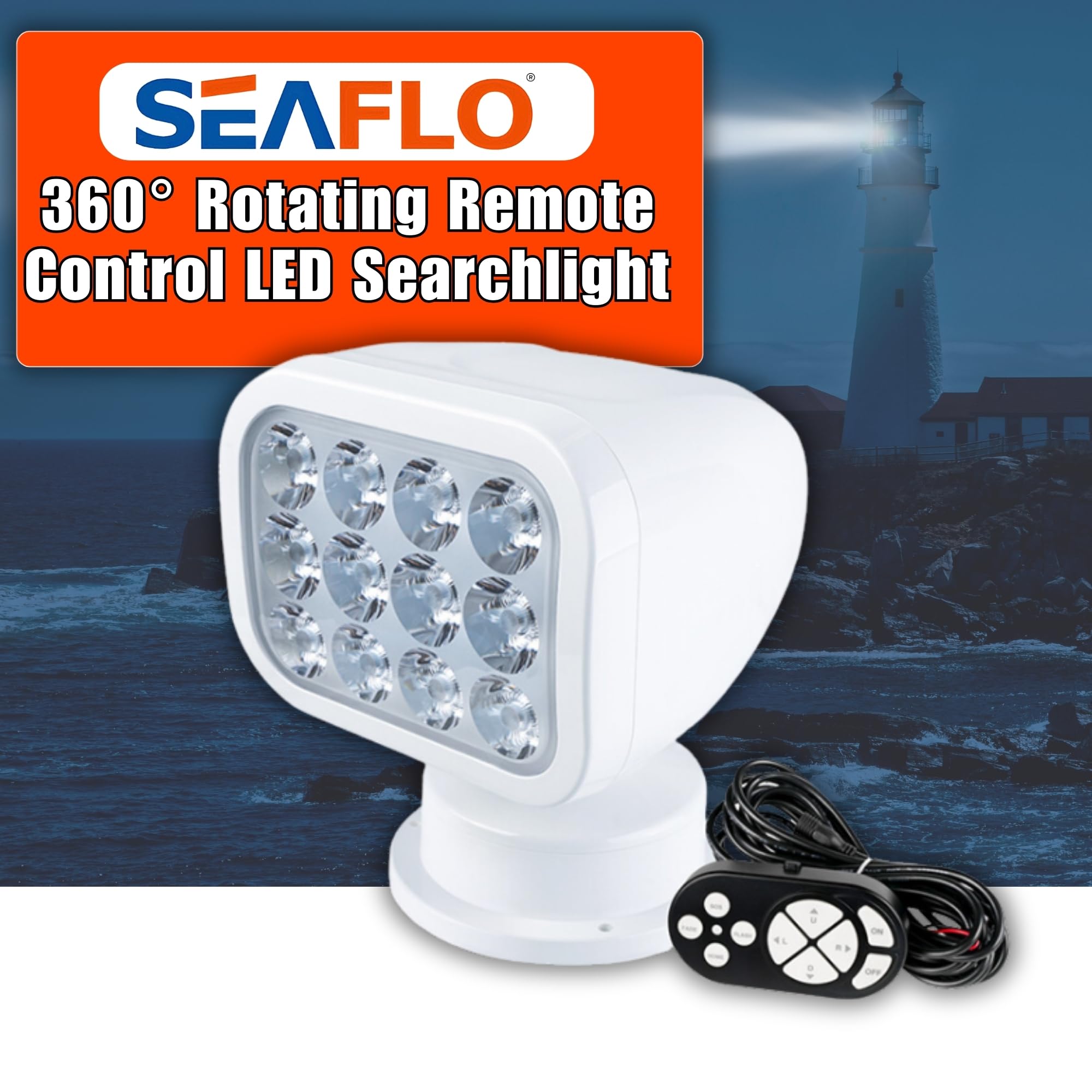 SEAFLO 360° Rotating LED Searchlight, 10-30V, IP66 Waterproof, Wired Remote, Warm Light 2700K, Model SFSL-2700Y-01