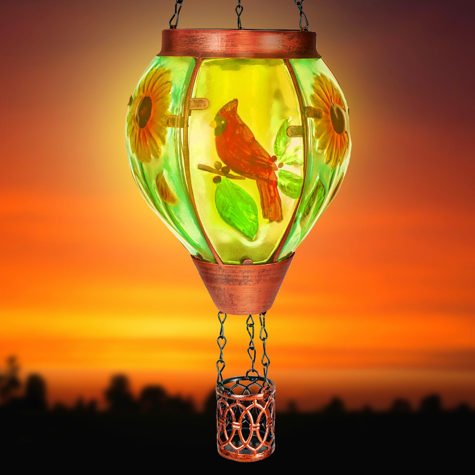 Solar Hot Air Balloon Lantern With Flame, Cardinal Glass Solar Hanging Lights Outdoor Yard Patio Farmhouse Decoration, Cardinal