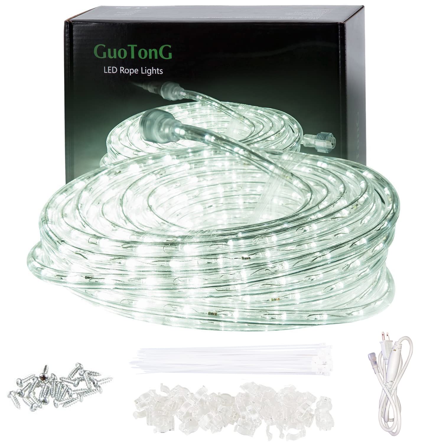 GUOTONG 50ft/15m Plug in LED Rope Lights  540 Daylight White LEDs  110V  Waterproof Connectable  Power Socket Connector Fuse Holder  Indoor/Outdoor Use  Ideal for Backyards  Decorative Lighting