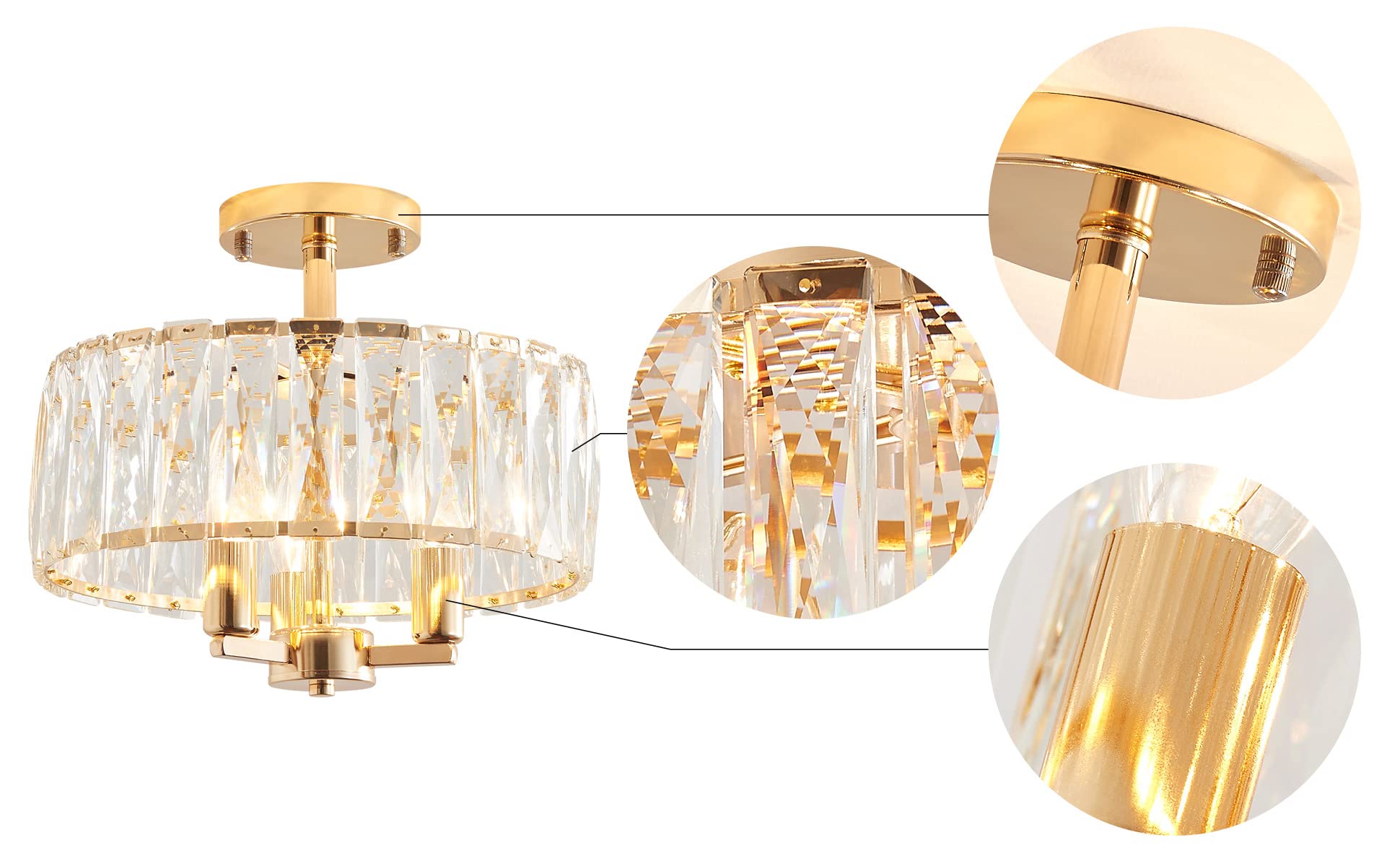 Agv Lighting Cl003G K9 Crystal Semi Flush Mount Ceiling Light Fixture, E12 Base 3-Lights, D13 X H15, Shine Gold & Black Finish