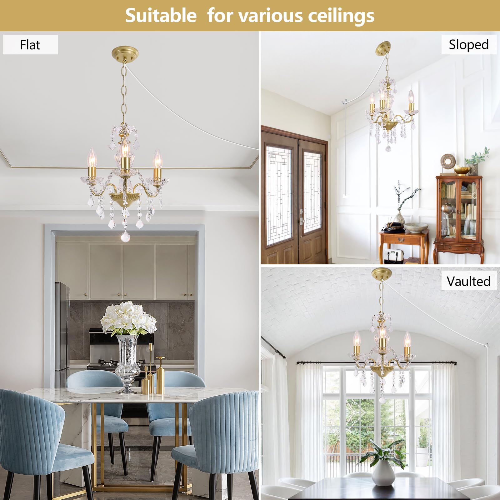 Chanlited 3-Light Gold Plug-in Chandelier with Glass Crystals - Modern Candle Style Pendant Light for Living Room, Kitchen, Entryway
