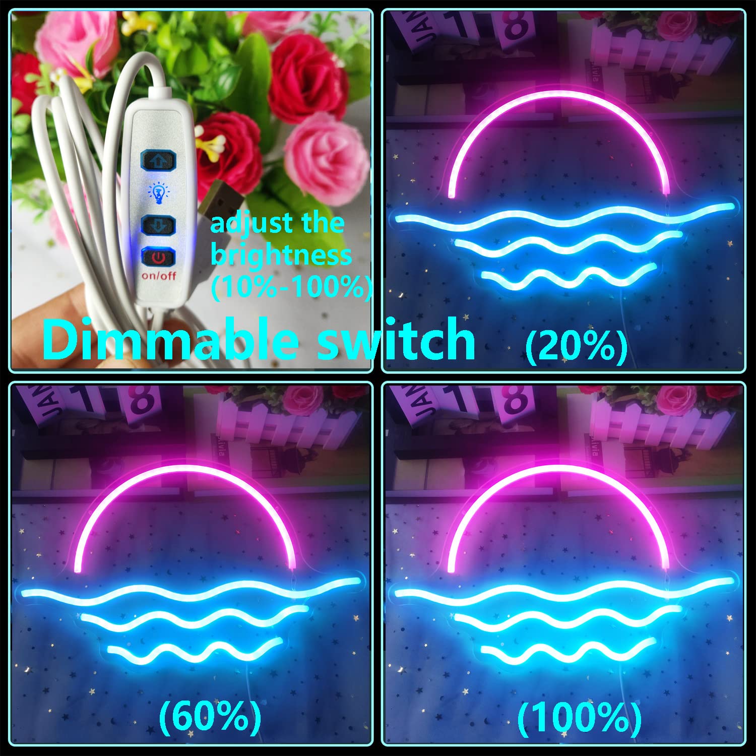 GMMLLG Sunrise Sunset Neon Sign, Dimmable Wave Design, 15.6in, Ice Blue & Pink, Strong Transparent Acrylic, Tropical Bedroom Decor