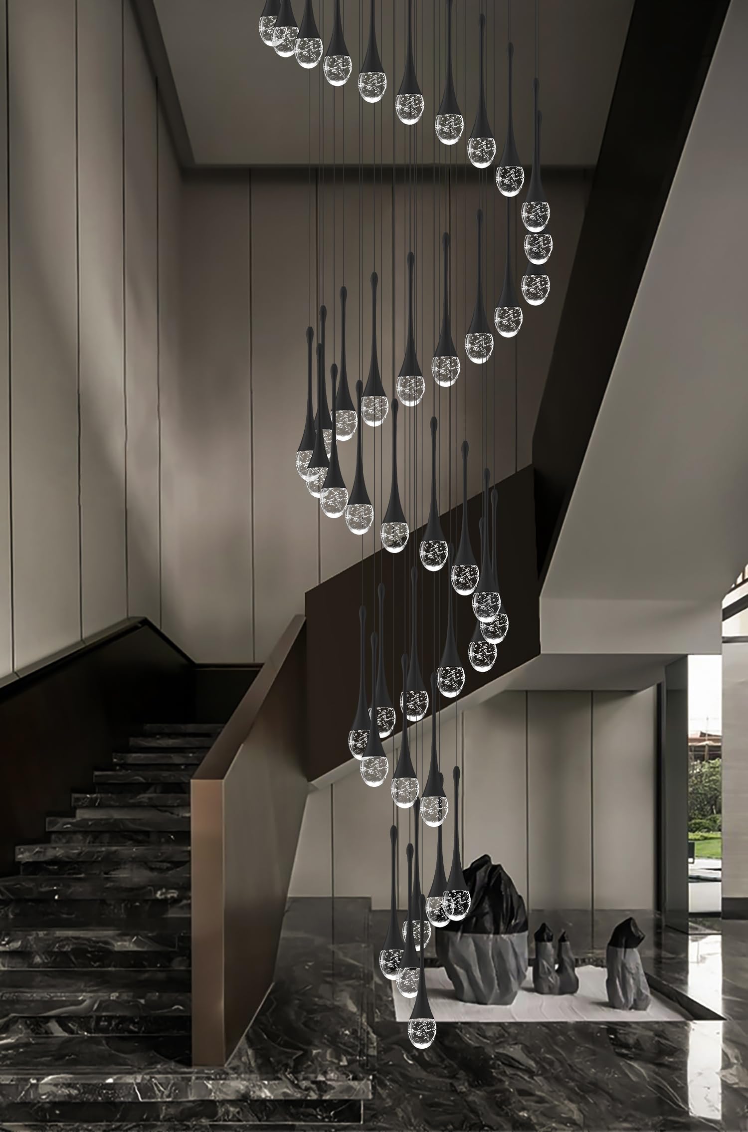 ykolupty Crystal Staircase Chandelier, 42-Lights, Adjustable Length 197in, Black, Model TP0038-42H, Ideal for High Ceilings