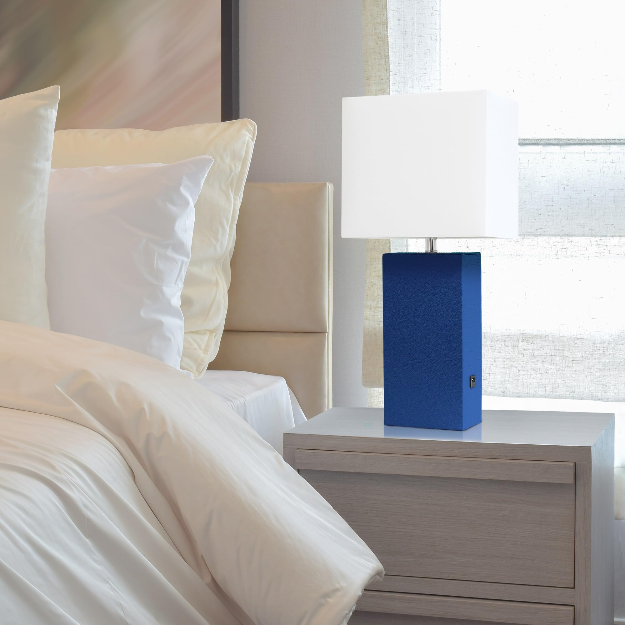 Elegant Designs Lt1053-Blu Modern Leather Usb And White Fabric Shade Table Lamp, Blue (Pack Of 1)