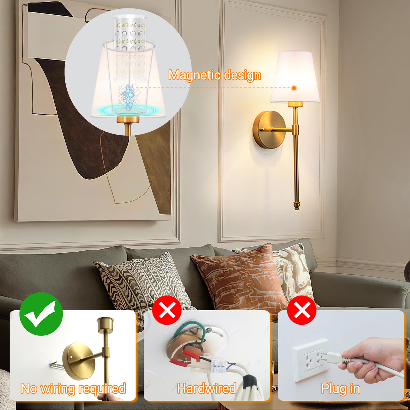 Battery Operated Wall Sconces Set Of 2, Wireless Battery Wall Light With 10000mAh RGB Rechargeable Magnetic Bulb, Rechargeable W