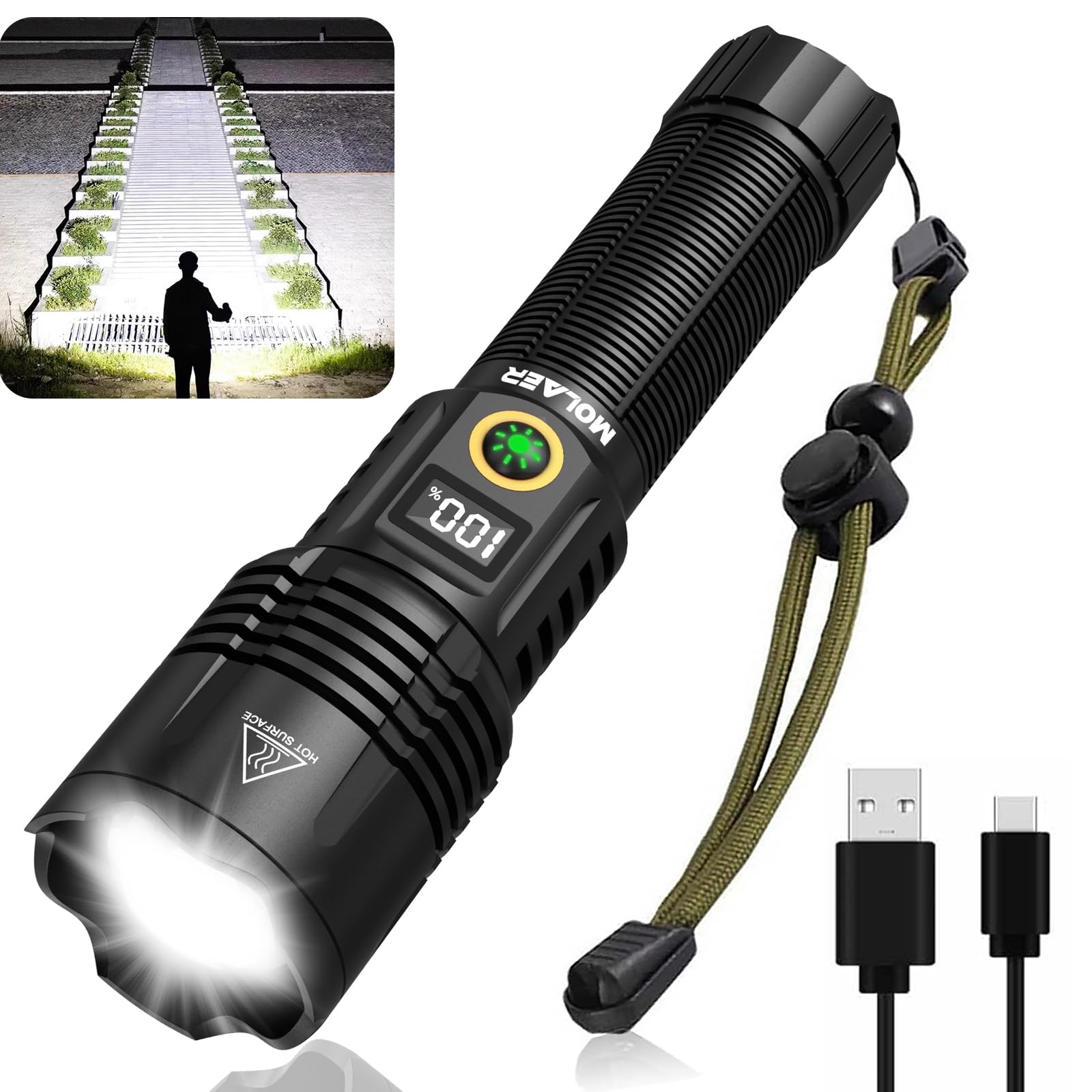 Molaer Rechargeable Flashlights 2200 High Lumens, Super Bright Led Flashlight With Zoomable, 6 Modes, Ipx6 Waterproof, Powerful