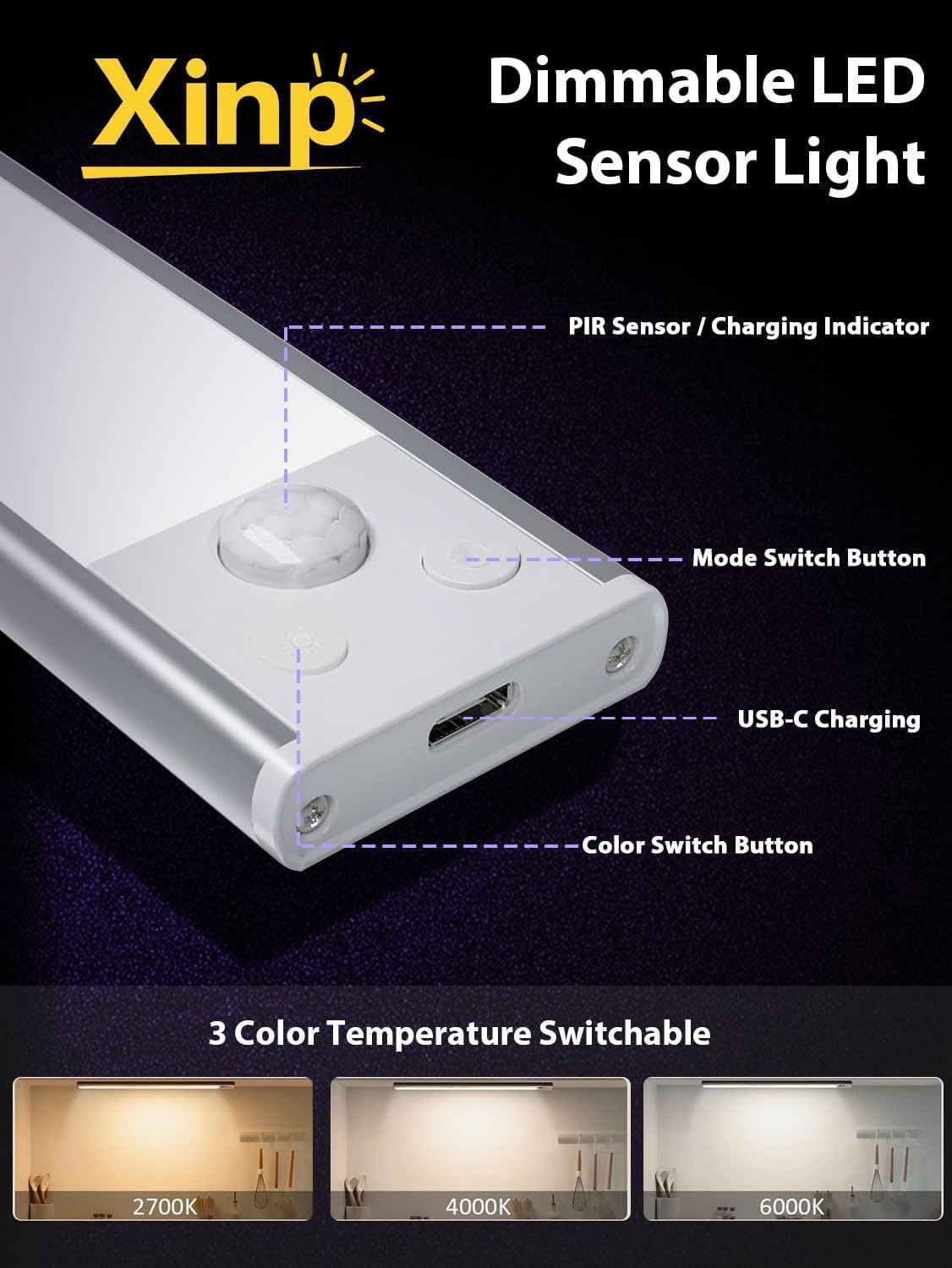 Under Cabinet Lighting, 3 Color Magnetic Motion Sensor Lights Indoor, 4 Pack Usb Rechargeable Closet Lights 1800Mah Battery Oper