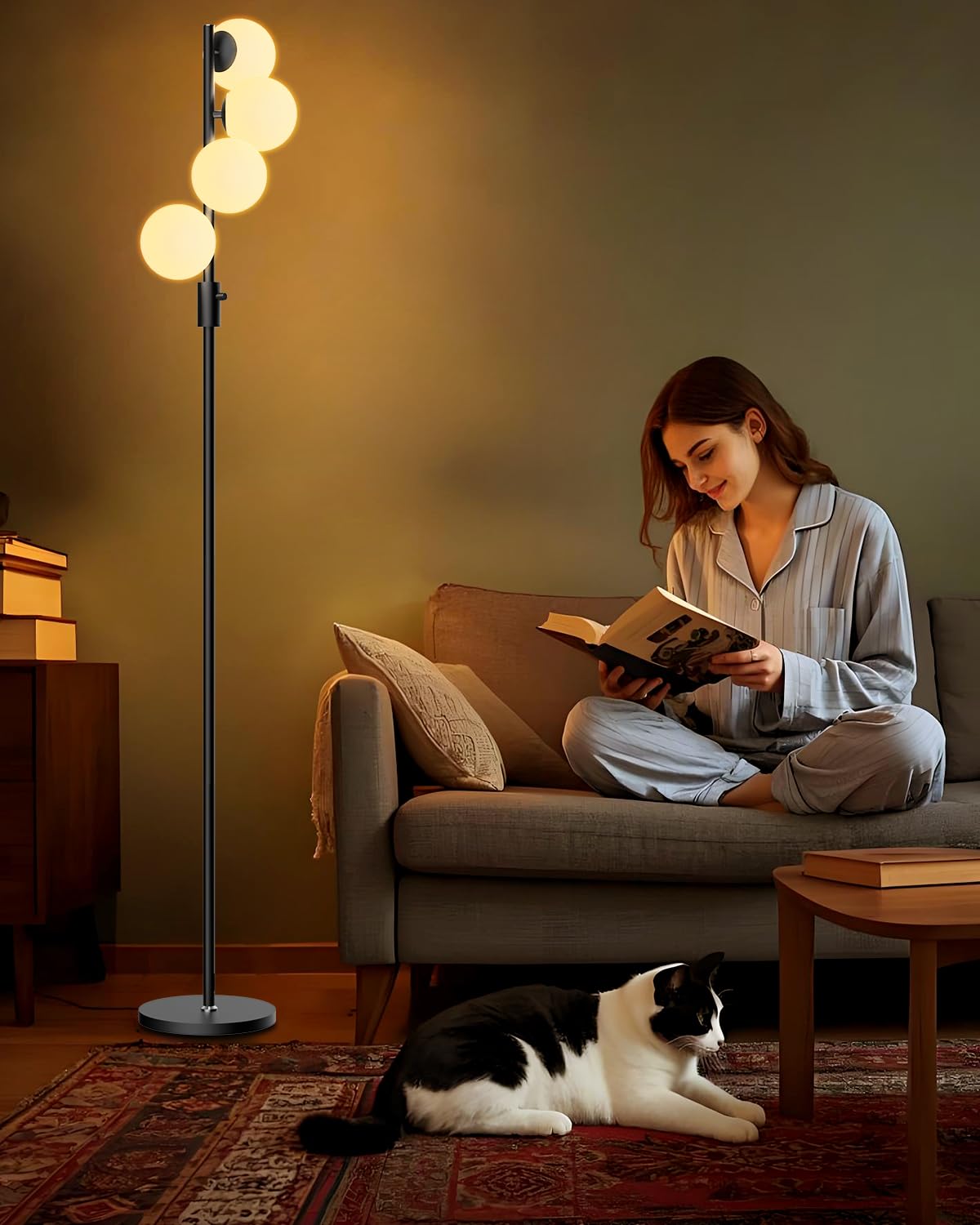 ACOHOOK 64IN Dimmable Black Floor Lamp, Tall Standing Lamps with 4 Globe Soft Warm White Eye Care 3000K G9 Bulbs, Mid Century Mo