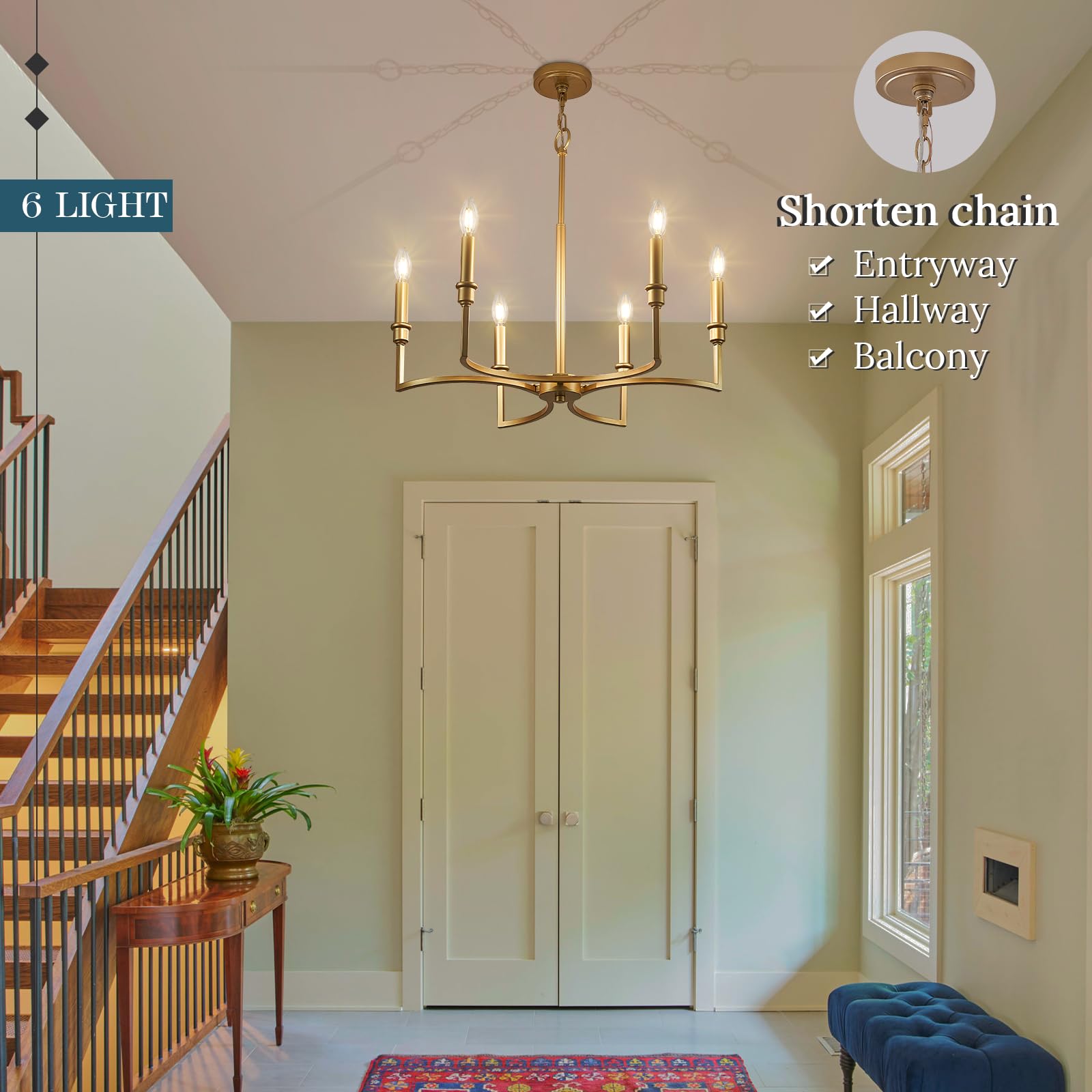 CaraLuxe 6-Light Gold Chandelier Fixture, Vintage Brass, 26in for Dining Room, Kitchen, Entryway, Model 27-6G
