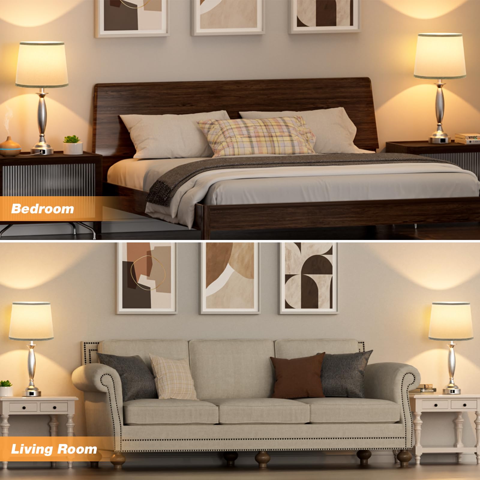 Seealle Touch Control Bedside Lamp Set of 2, 3 Way Dimmable, Metal, 22.5in, A. Grey Shade and Nickel Base