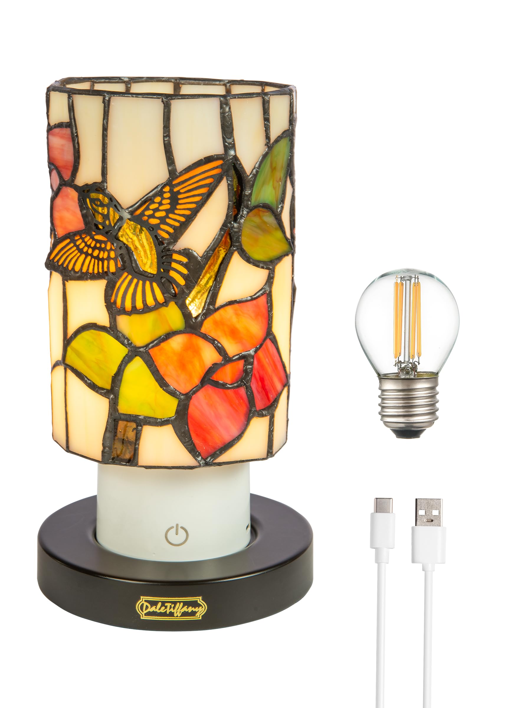 Dale Tiffany TAR24120 Calliope Hummingbird Uplight Tiffany Accent Lamp with Built-in Rechargeable Battery and 3-Level Brightness