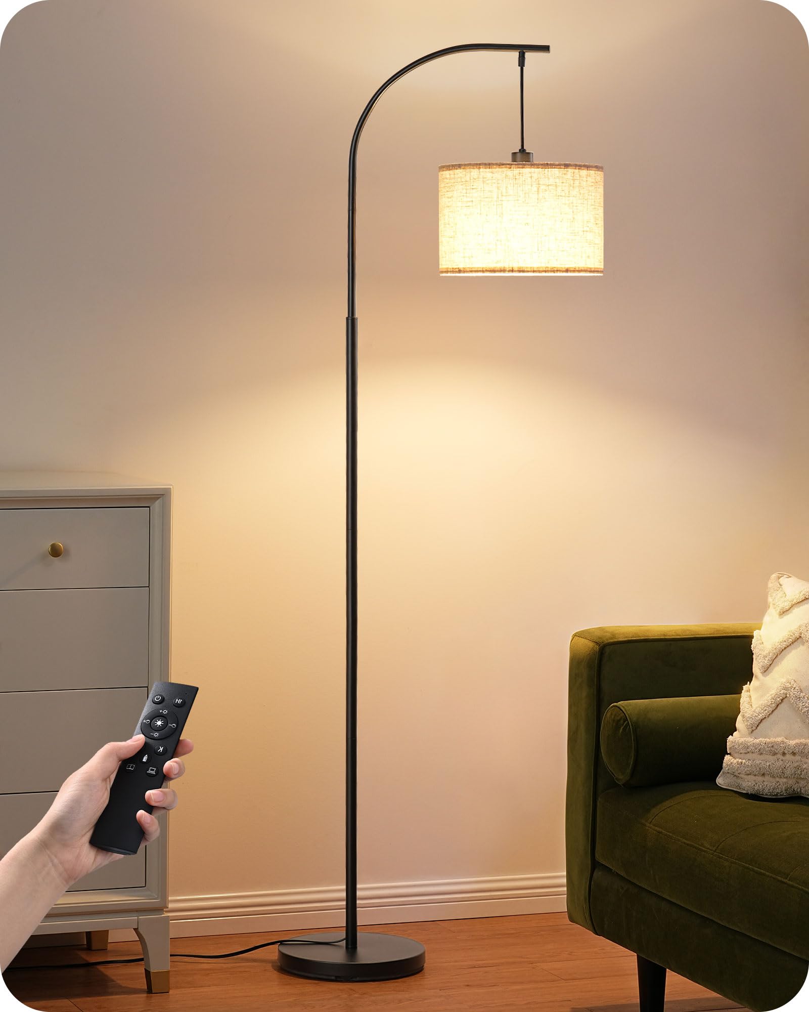 EDISHINE Modern Arc Floor Lamp with Beige Linen Drum Shade & Heavy Base, Dimmable Black Reading Light, Remote Control Bulb Inclu