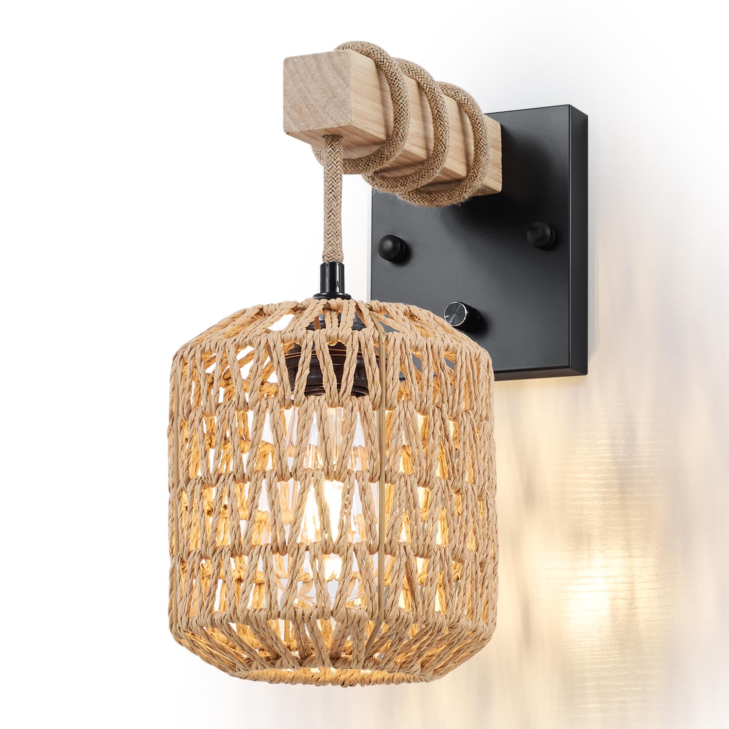 Neechicx Rattan Boho Wall Sconce  Hardwired Hand-Woven Farmhouse Wall Lamps with Wooden Arm & On/Off Dimmable Switch Large Rustic Indoor Wall Mount Light Fixtures for Bedroom Nursery Bathroom  1 Pack