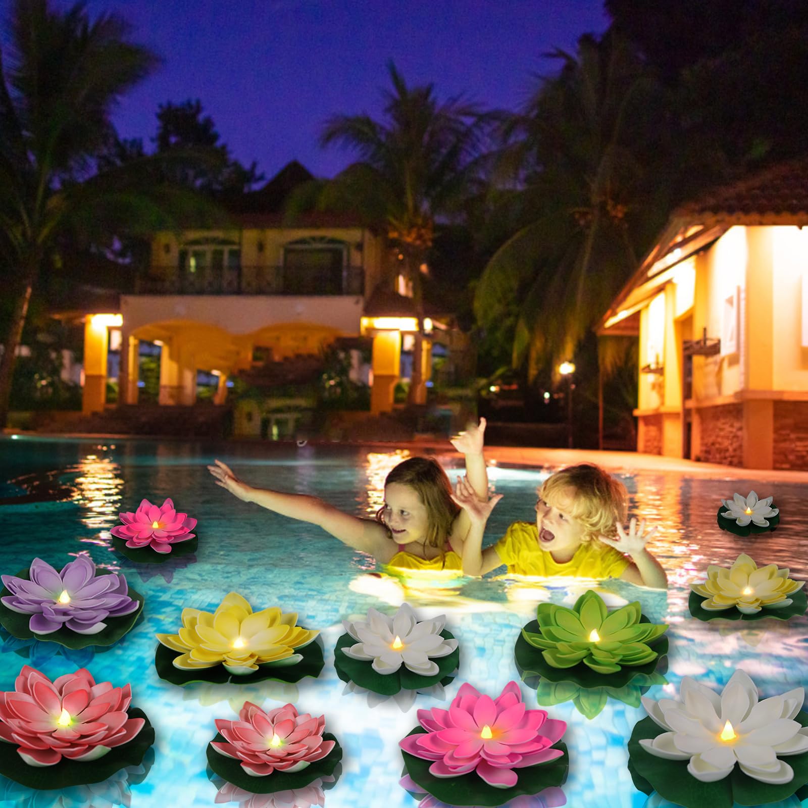 Lacgo 12 Pcs Waterproof Floating Lotus Light - Diwali 5 Inch Floating Flower Light Battery Operated Water Activated Warm White Light Pool Flower Lamp Wedding,Anniversary,Garden Decoration(Mix-Color)
