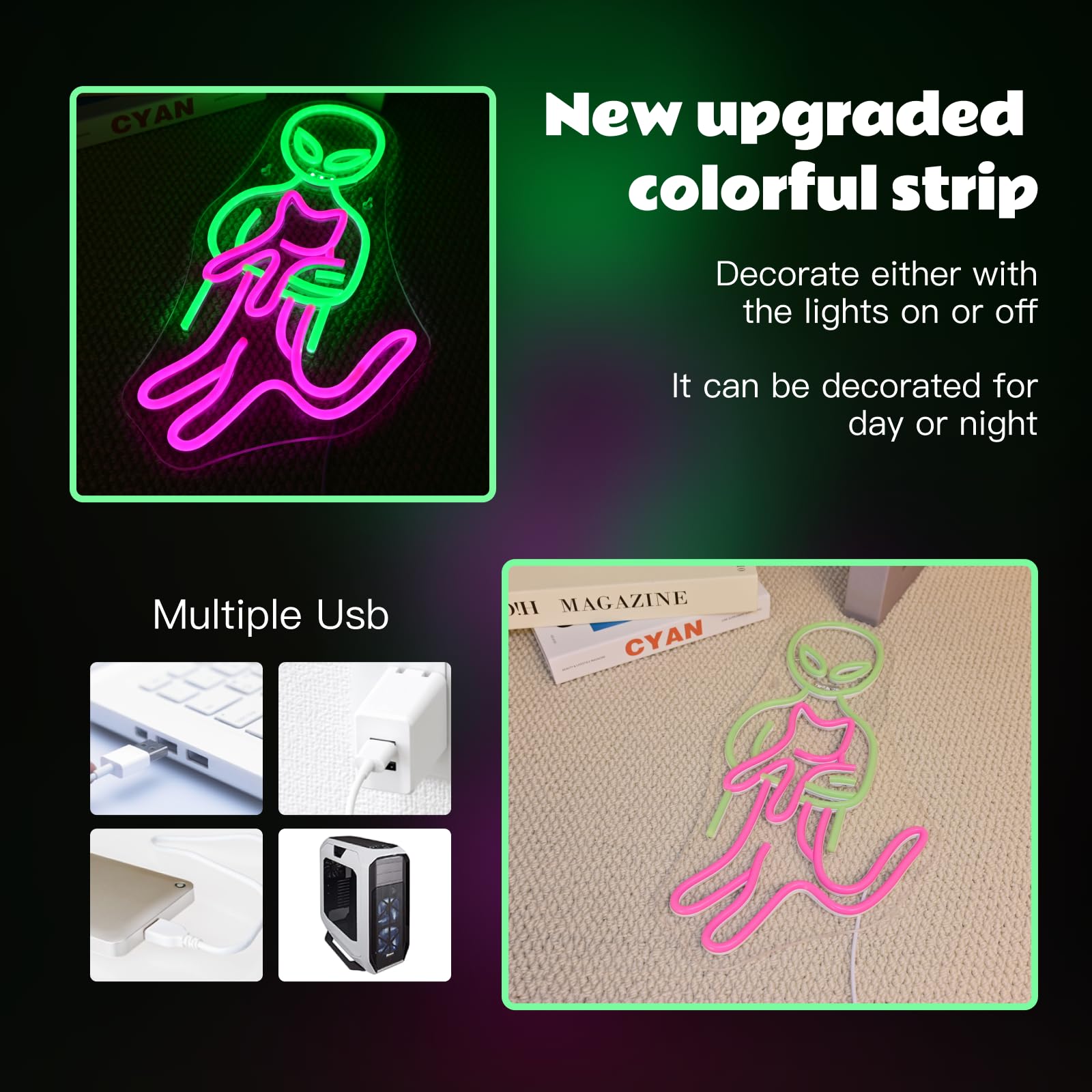 ineonlife Alien Cat Neon Sign LED Light Wall Art Decor 16.4in  x 8.7in  Acrylic Green Pink for Game Room Bedroom Gifts