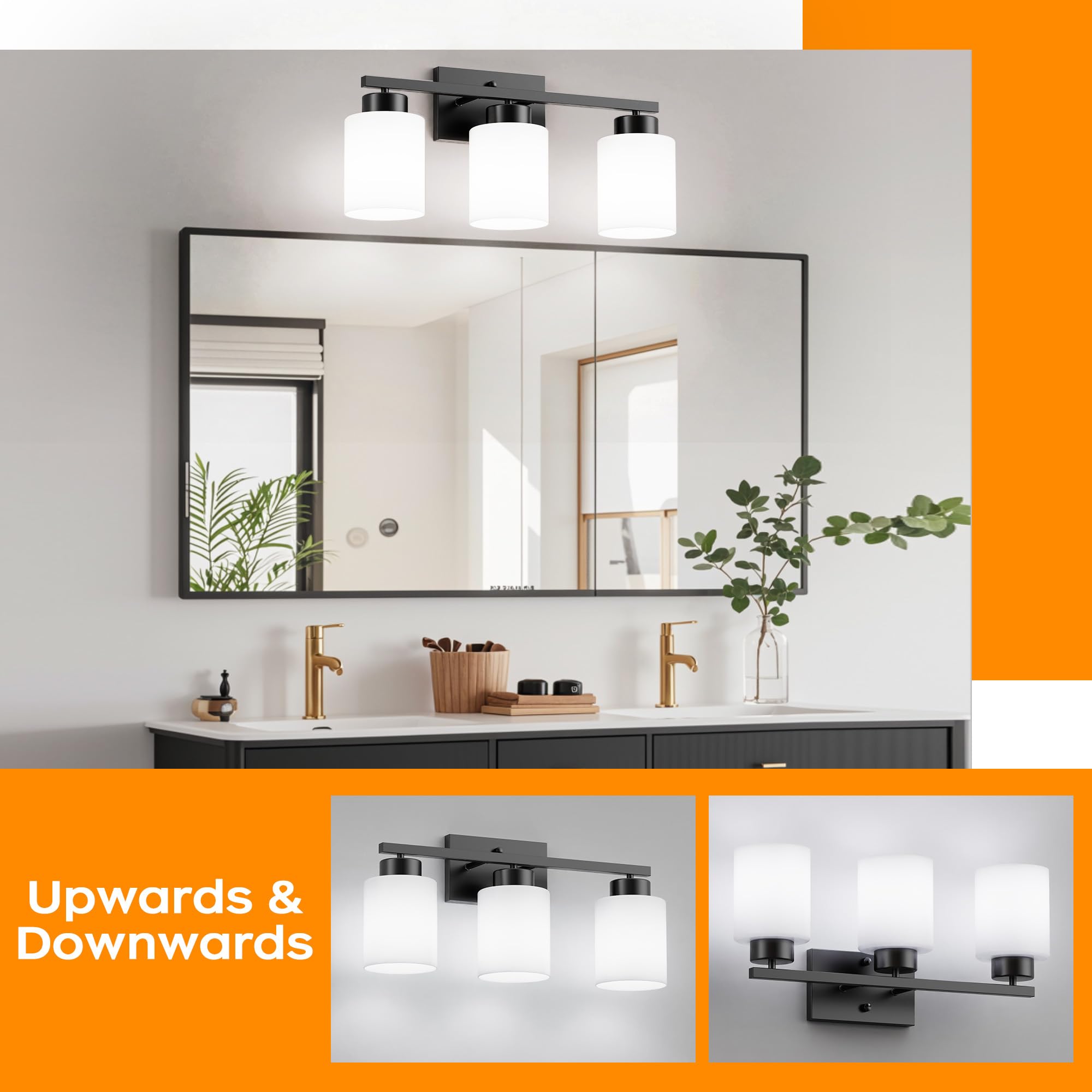 Partphoner 3-Light Matte Black Bathroom Light Fixtures  Modern Vanity Light Over Mirror Lighting  Wall Sconce With Frosted Milky White Glass Shades For Bedroom Living Room Kitchen Hallway