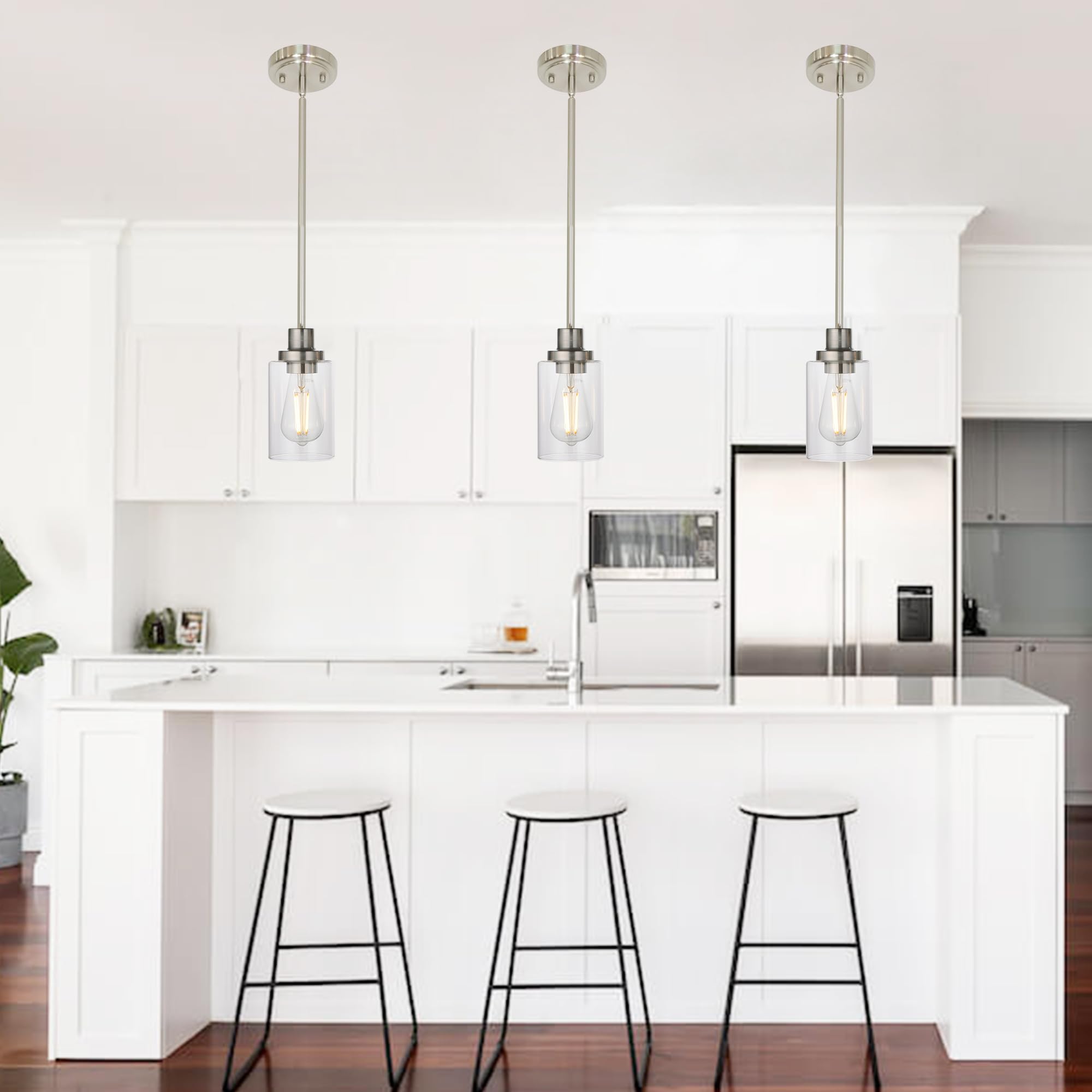 Melucee 3 Pack Kitchen Island Pendant Lighting Adjustable Hanging Ceiling Lamp Brushed Nickel Finish With Clear Glass Shade For