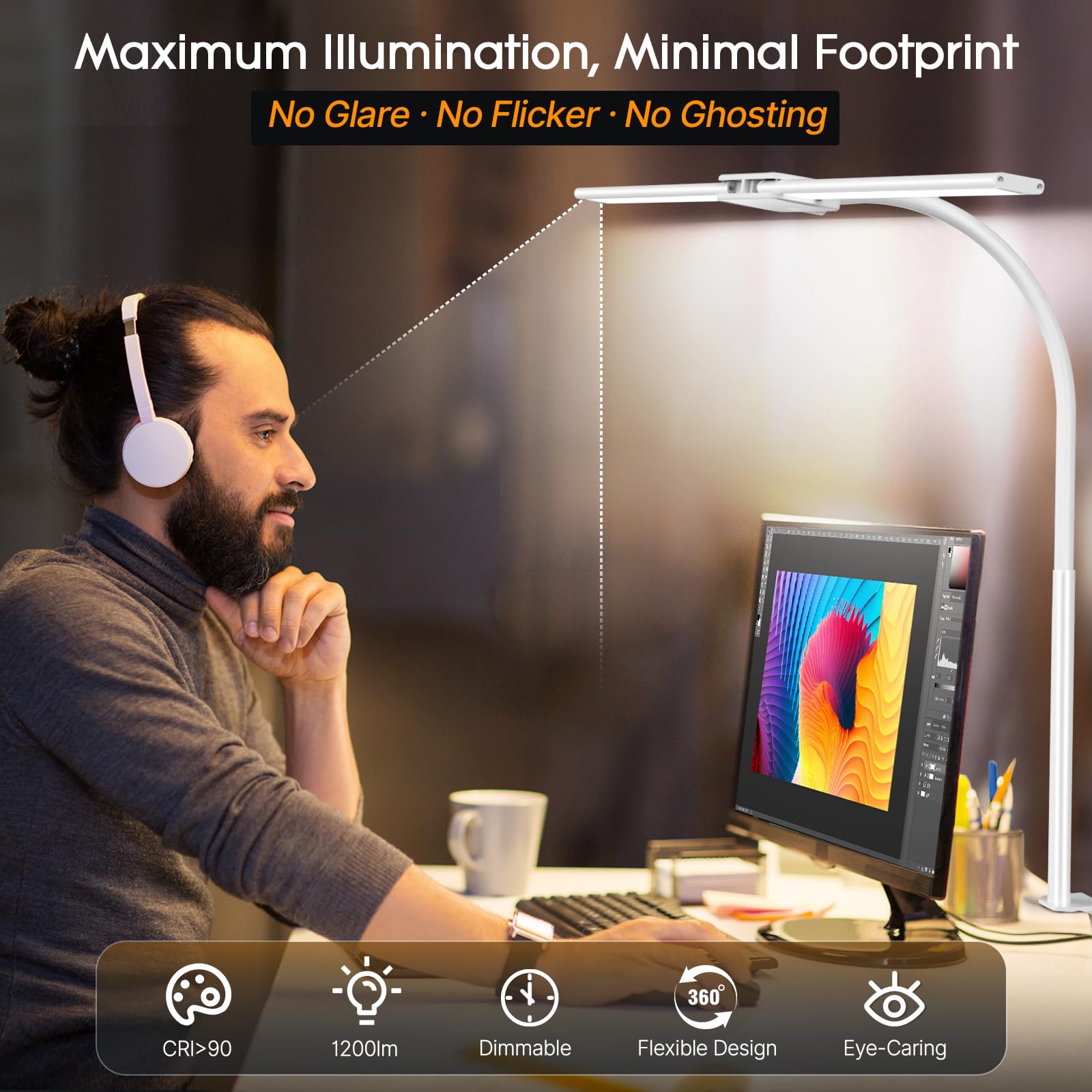 Syrinx LED Desk Lamp with Clamp, Eye-Caring Gooseneck Desk Lamps for Home Office with Remote Control & Touch Control, 12W Modern