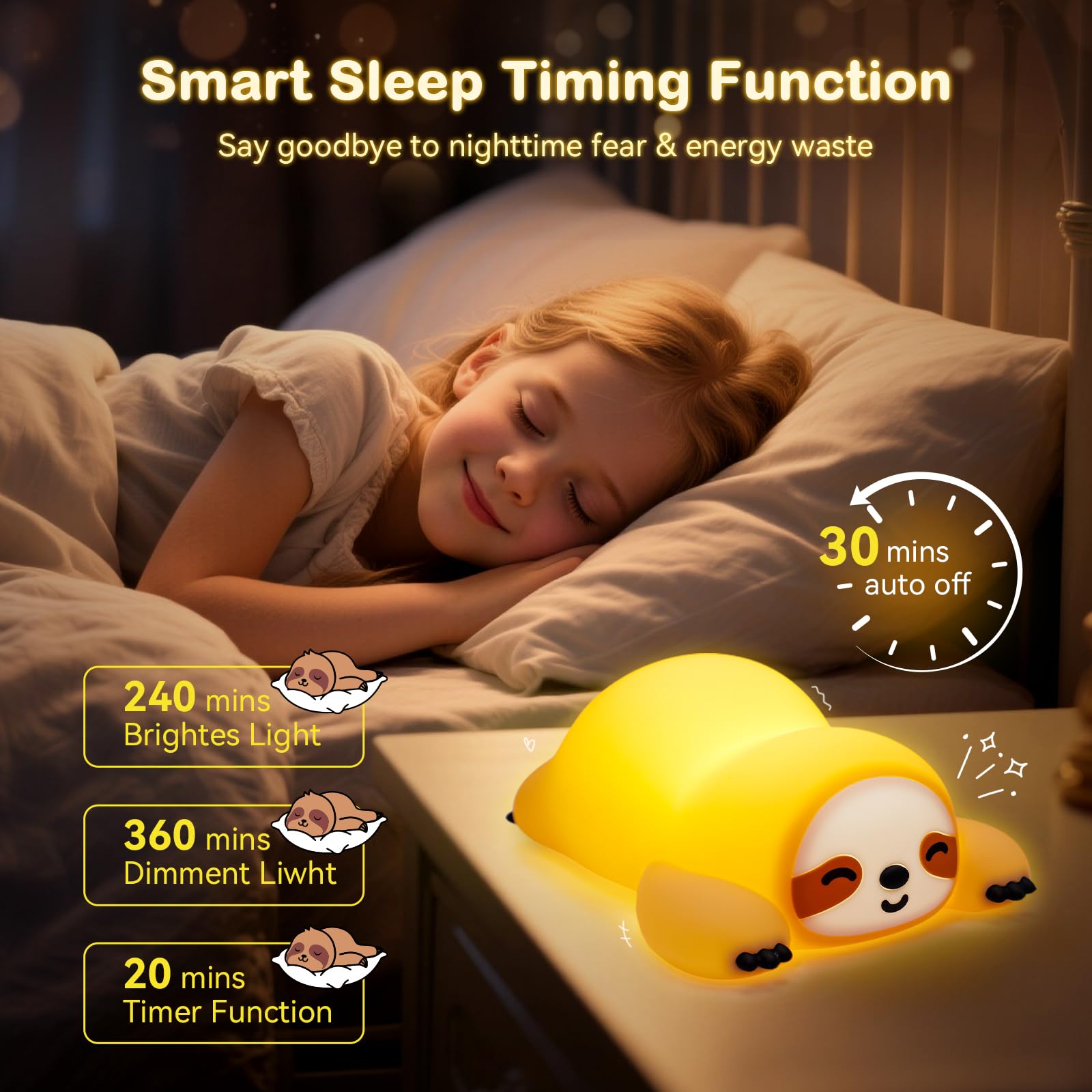 TCMOT Cute Sloth Night Light for Kids, 3-Level Dimmable Nursery Nightlight, Silicone Squishy Light Up Sloth Gifts, Rechargeable