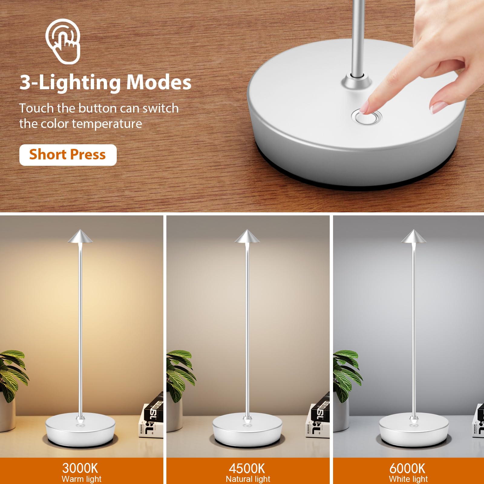 YIBEN Rechargeable Cordless Table Lamp, LED Battery 6000mAh, 3 Brightness Levels, 2-Pack, Silver, Model X12